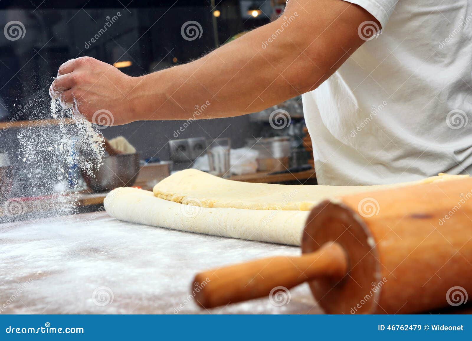 Baker Poured Flour on the Table for Rolling Dough Stock Image Image