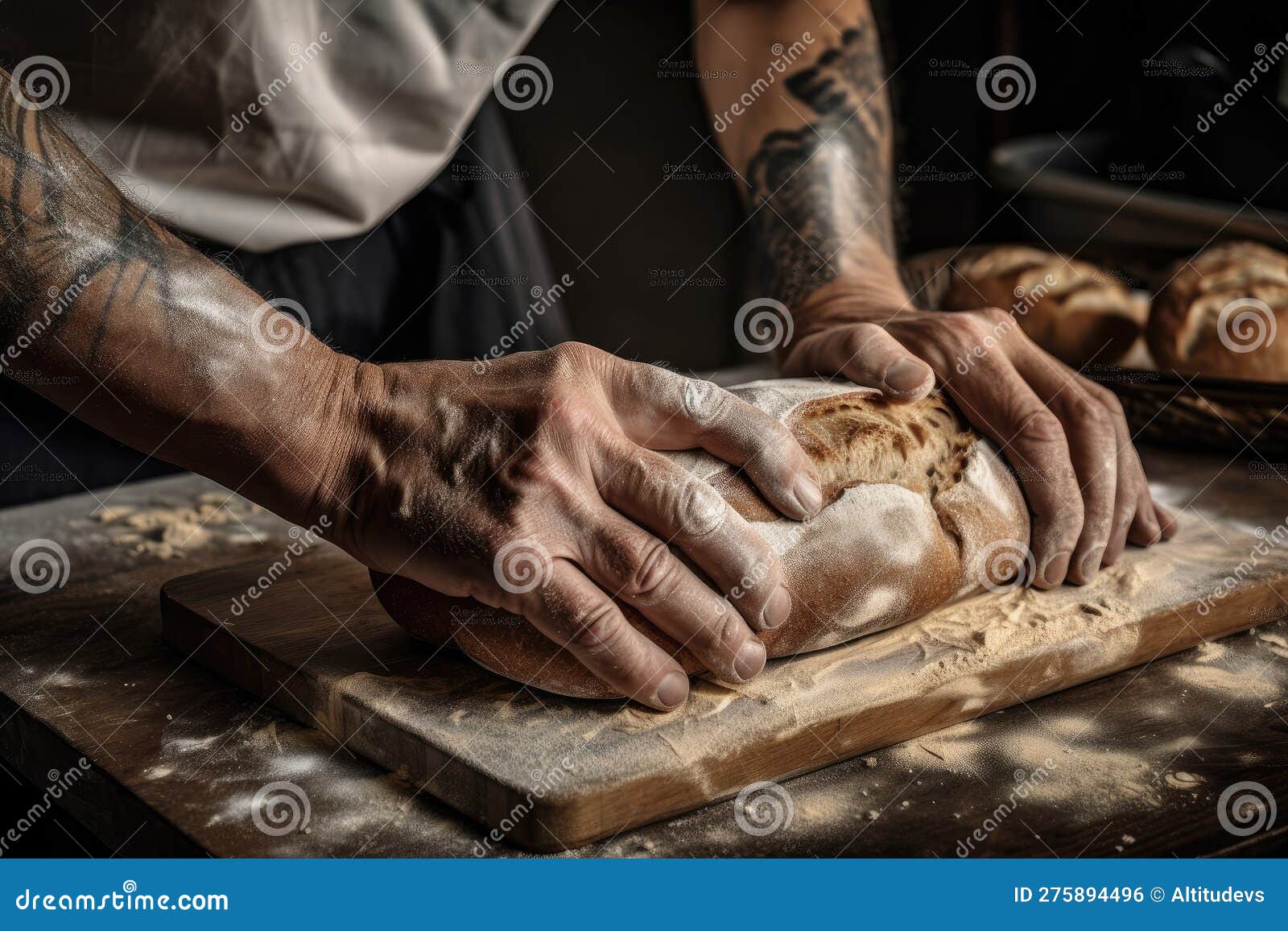 A Baker, Shaping and Scoring a Loaf of Bread into Diamonds Stock