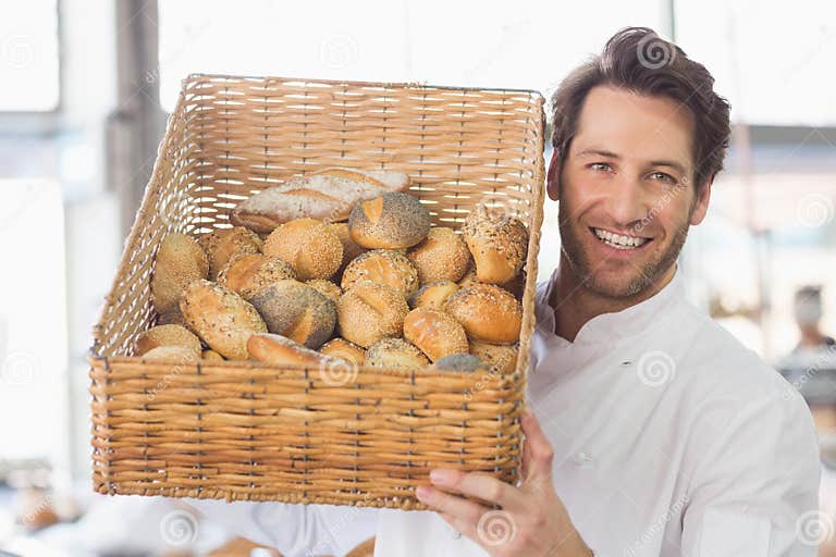 Baker Showing Basket of Bread Stock Photo Image of business, happy