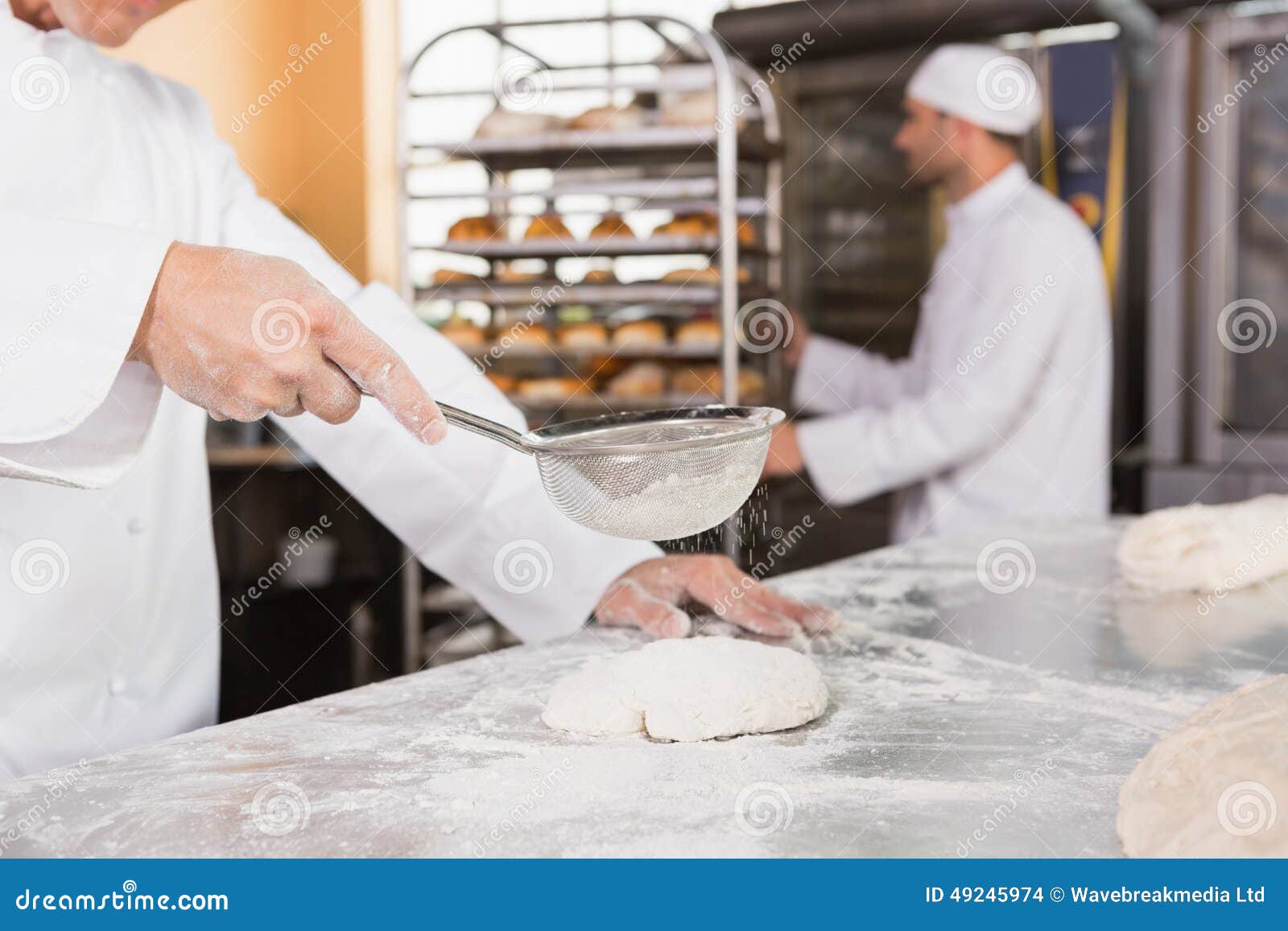 Baker Sieving Flour on the Dough Stock Photo Image of catering
