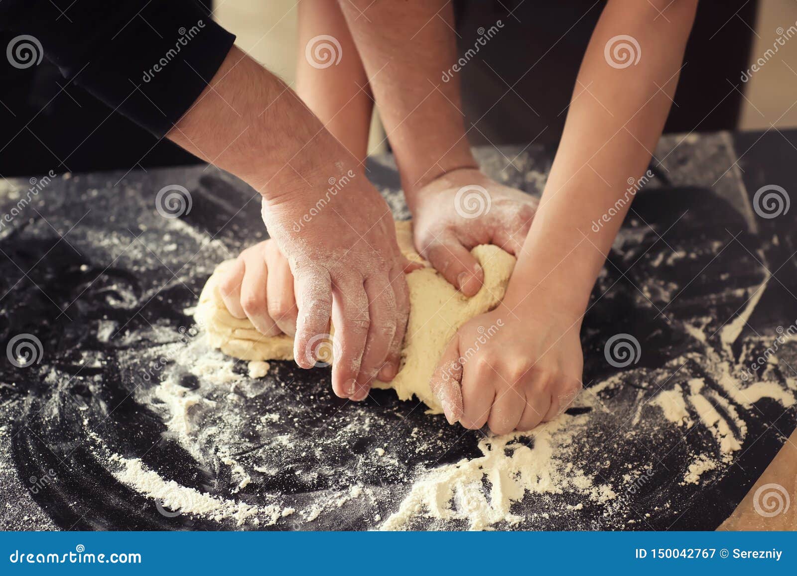 Bakers Kneading Dough on Kitchen Table Stock Image Image of flour