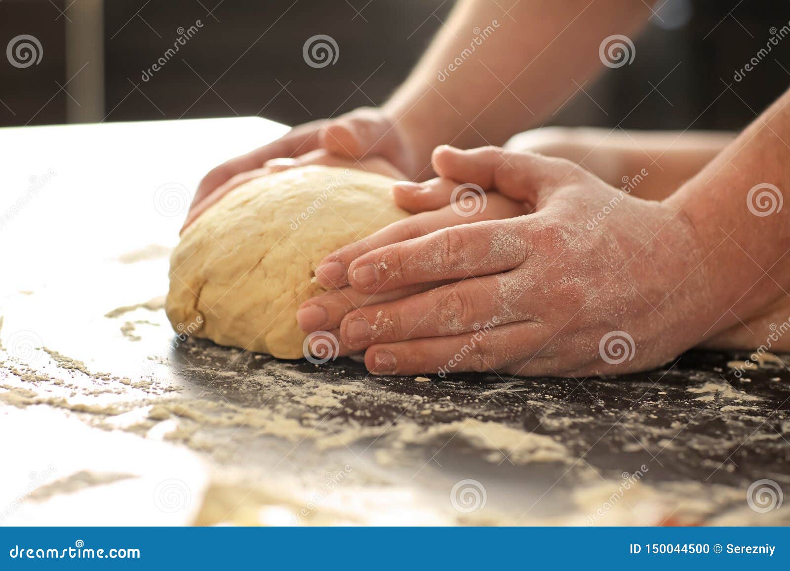 Bakers Kneading Dough on Kitchen Table Stock Photo Image of making