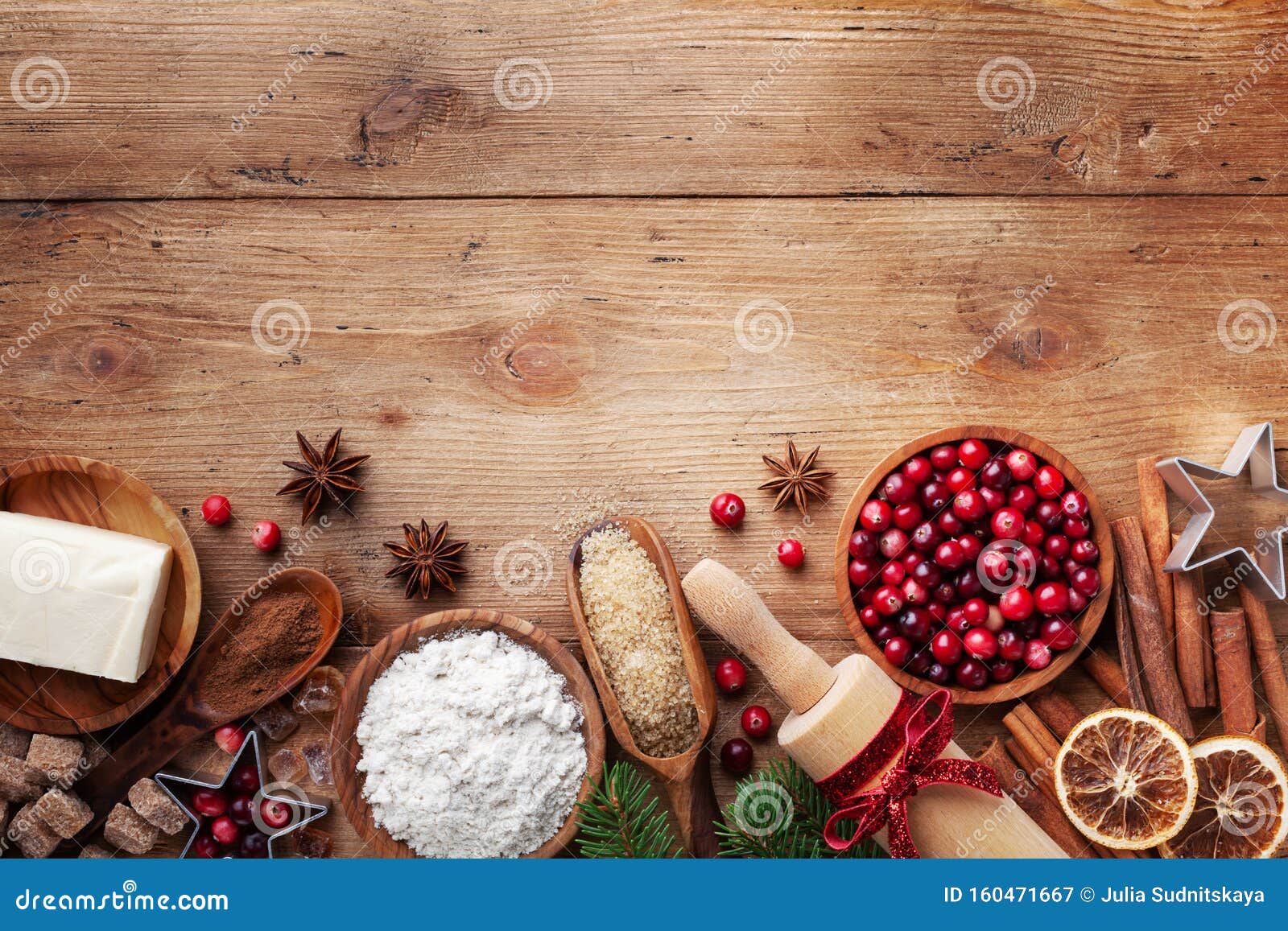 Bakery Background With Ingredients For Cooking Christmas Baking Flour Brown Sugar Butter Cranberry And Spices On Wooden Table Stock Image Image Of Decoration Background