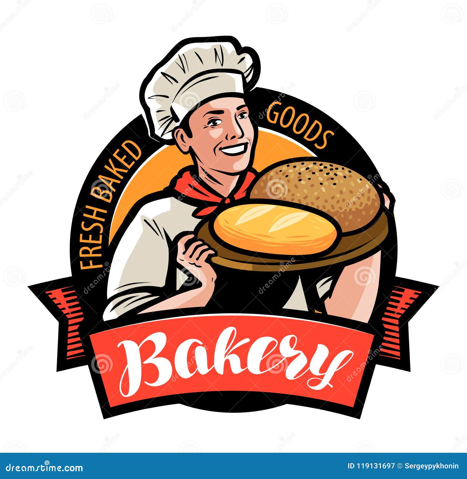 bakery, bakehouse logo or label. happy baker or cook with bread in hand.  