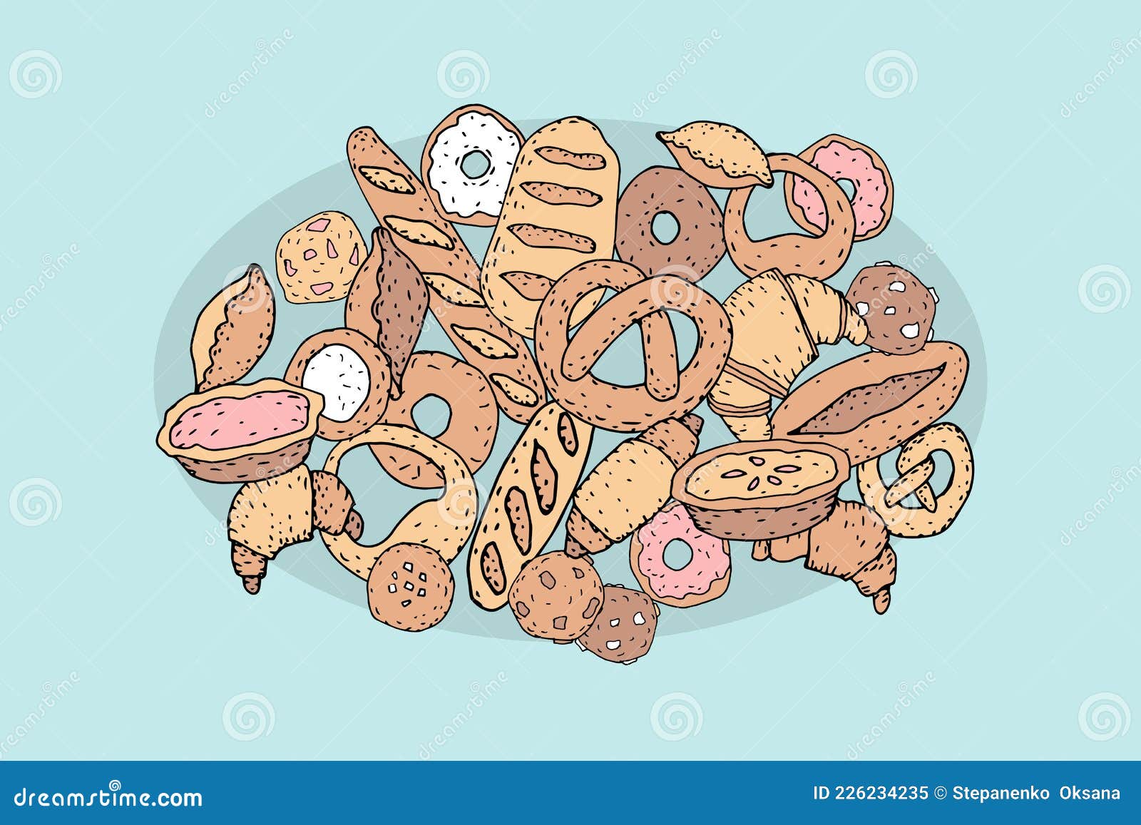 bakery bread hand drawing set. buns baguette croissant cookies donuts vintage sketch line  . cafe