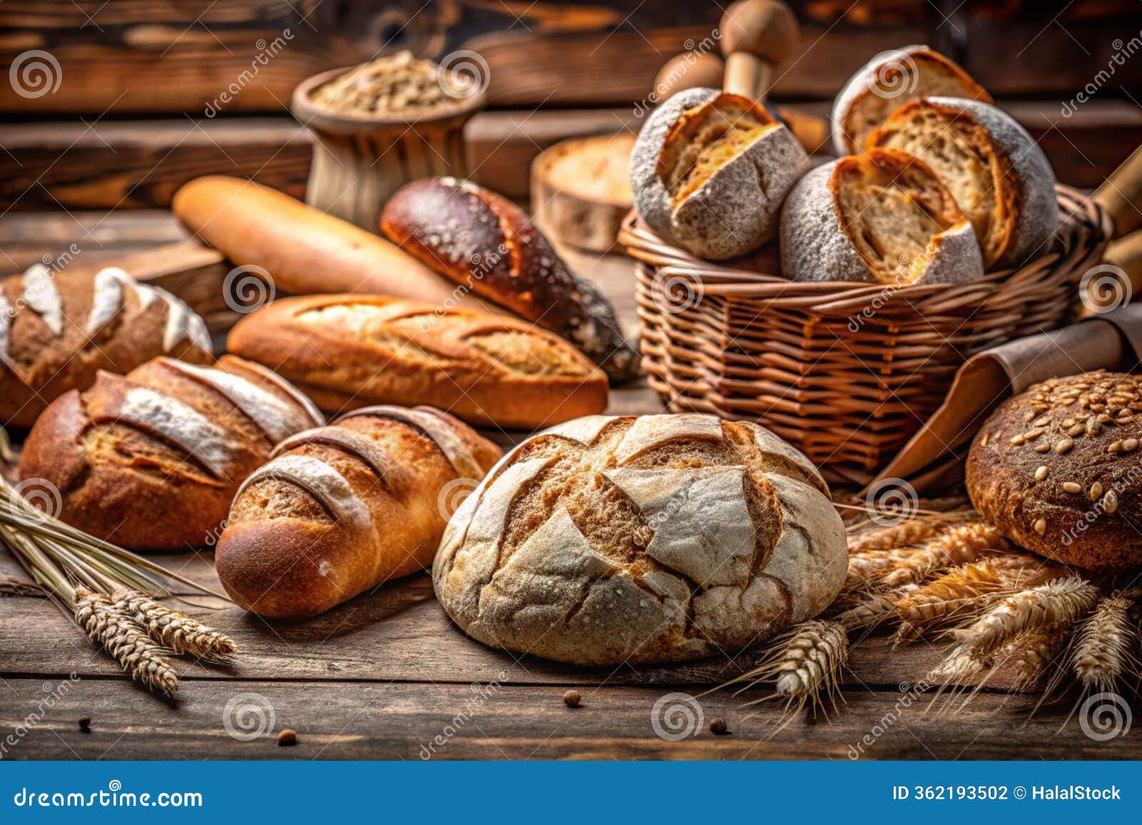 bakery bread on wooden table closeup