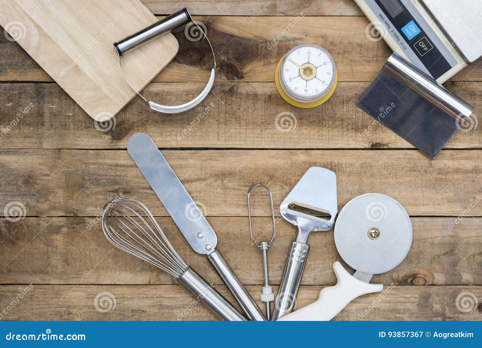 Bakery and Cooking Tools with Kitchen Timer, Scales on Wood Table Stock