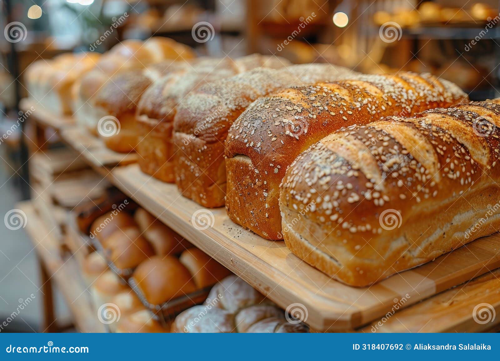 bakery display, bread loaves on wooden shelves in a cozy, traditional automated bakery, creating a rustic, wholesome