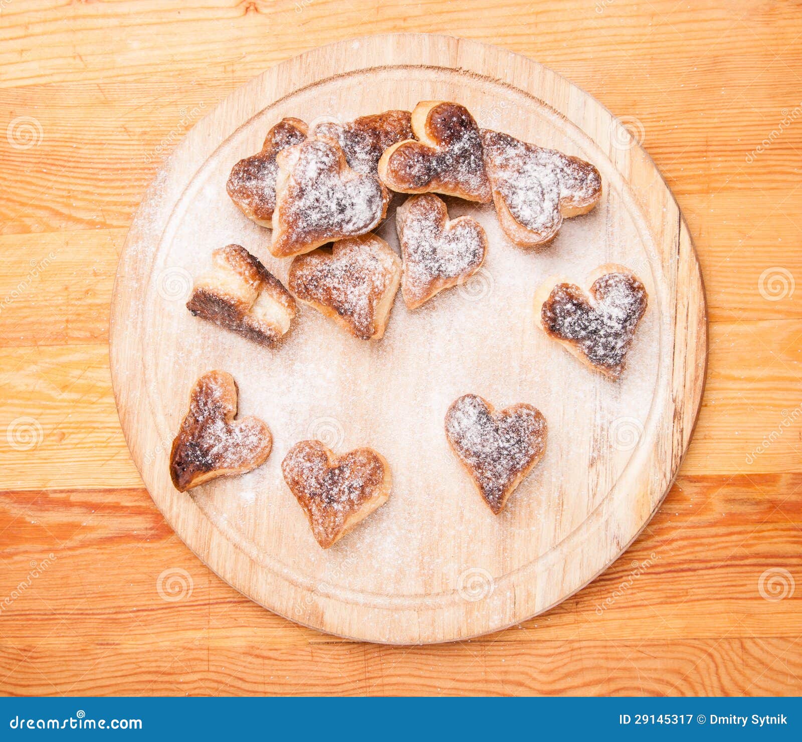 Bakery Hearts from Split Pastry with Sugar Powder on Wooden Stock Image