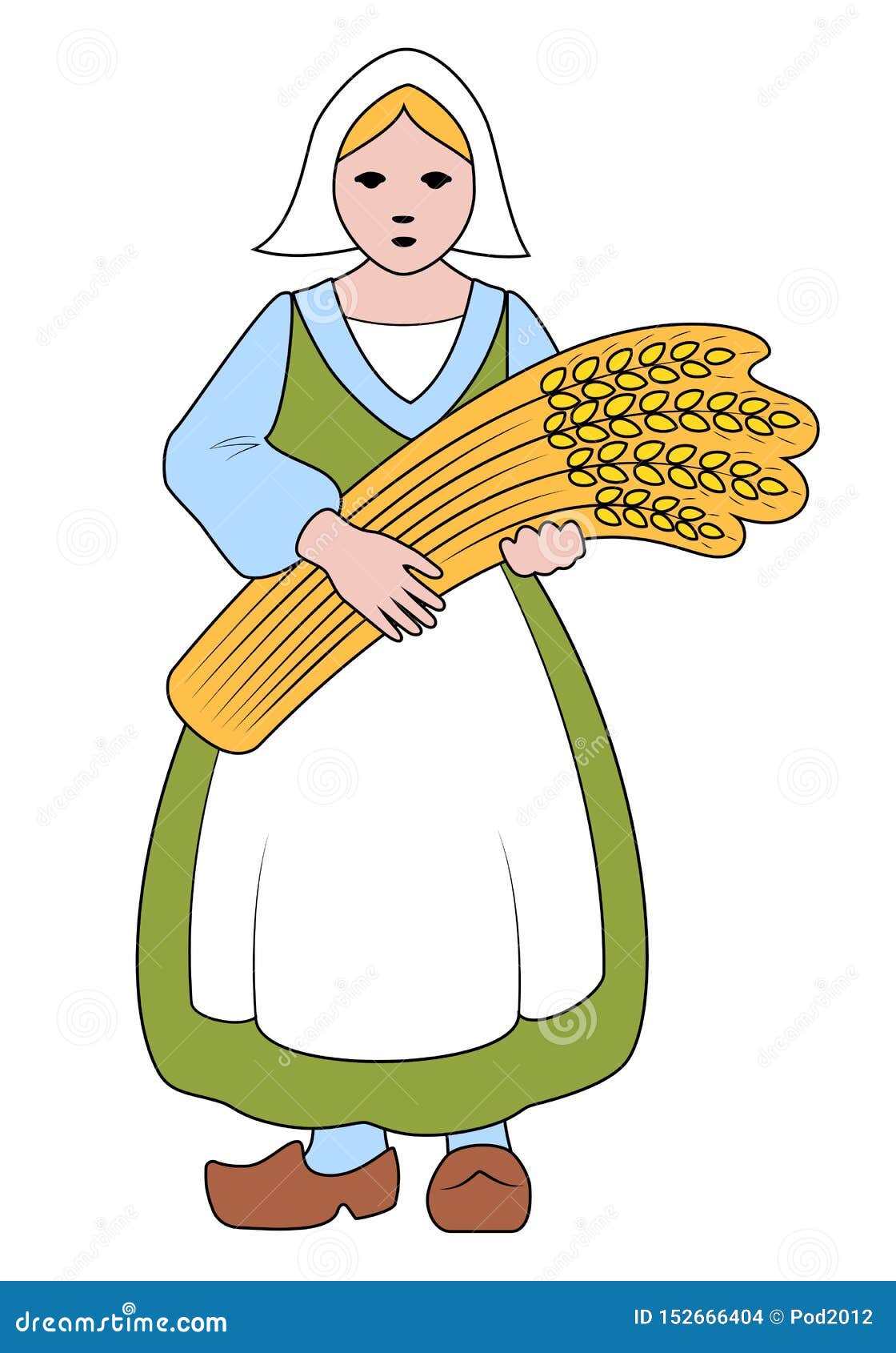 bakery logo. young woman in traditional clothes holding a bouquet of wheat  .