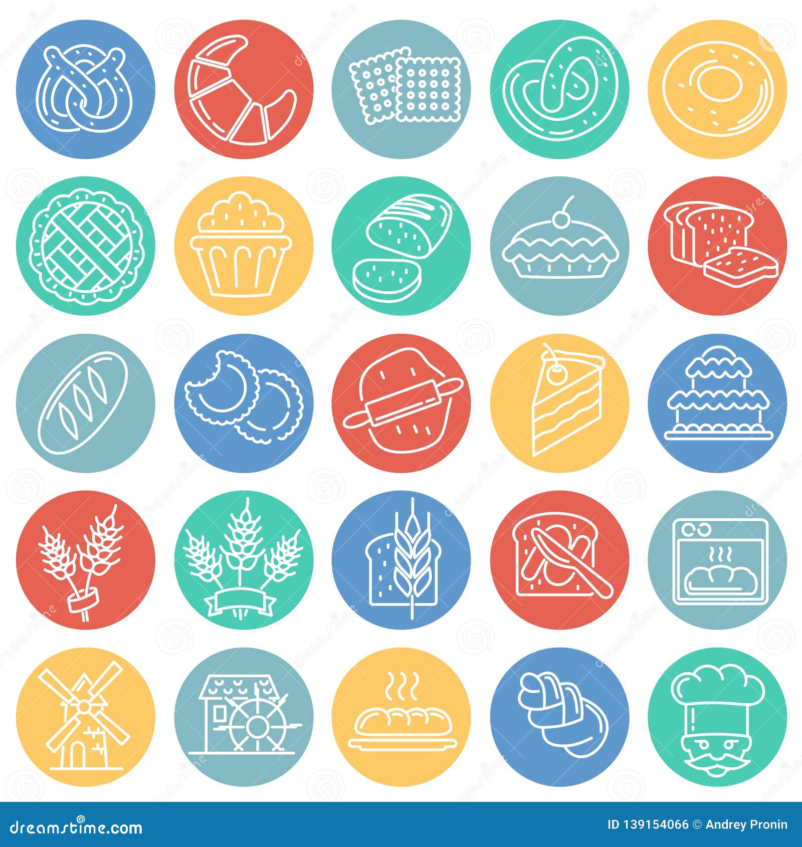 bakery outline icons set on color circles white background for graphic and web , modern simple  sign. internet concept