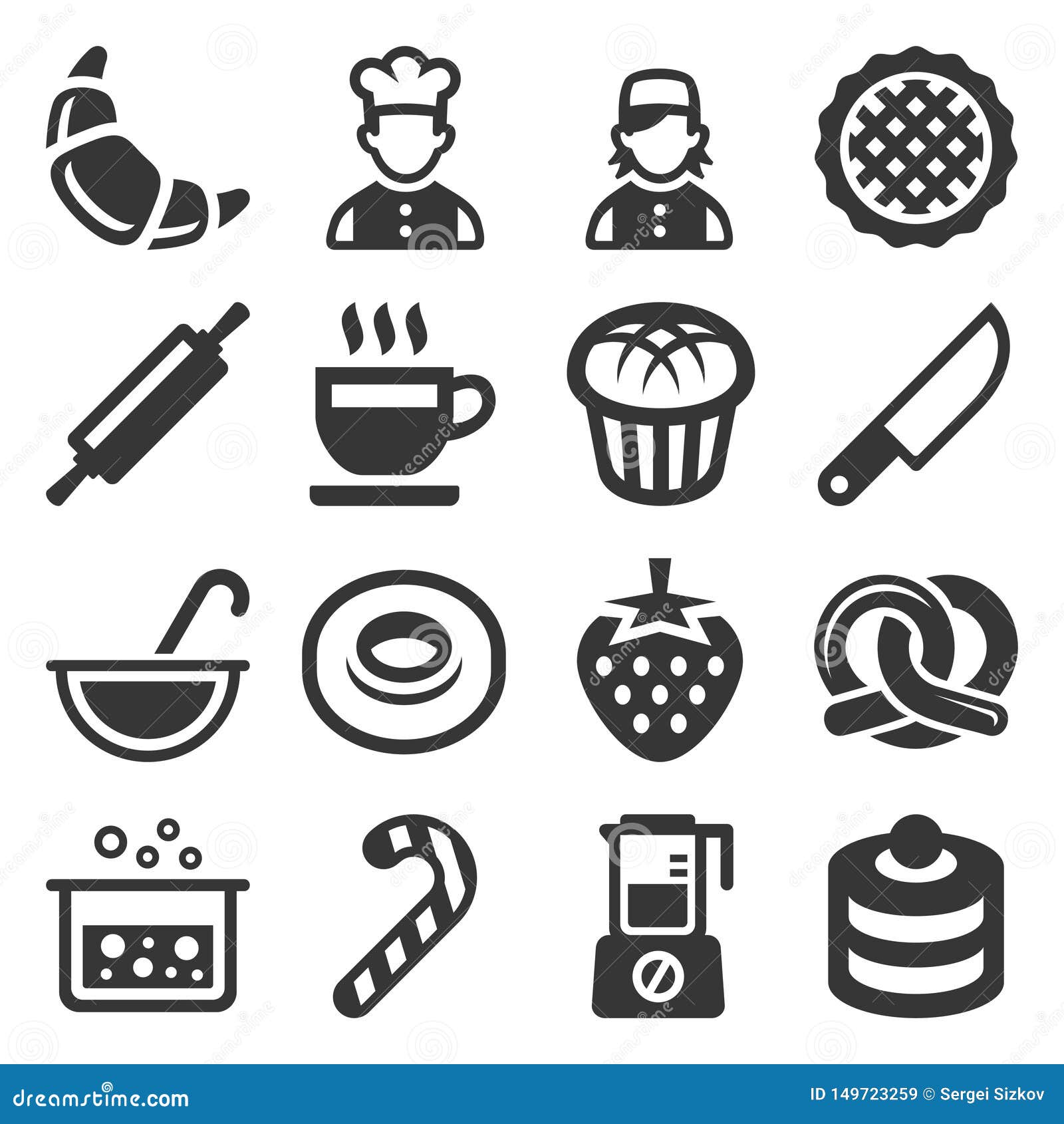 Bakery and Pastries Cooking Icons Set on White Background. Vector Stock
