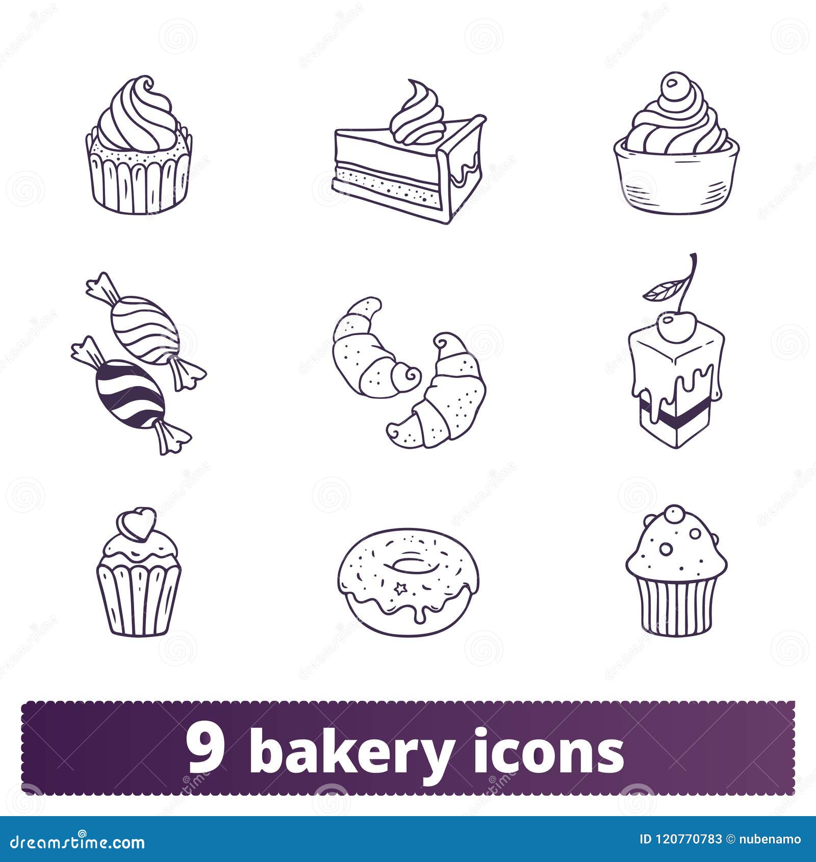 Bakery and Pastry Thin Line Hand Drawn Icons Stock Vector