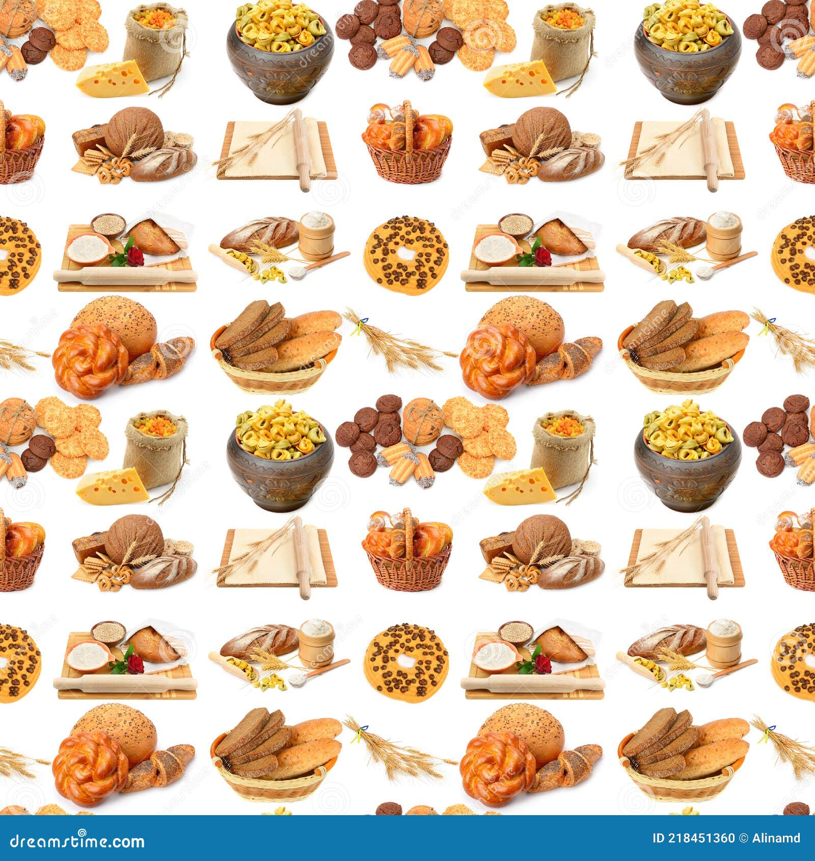 Bakery Products Isolated on White Background. Healthy Food. Seamless Pattern Stock Photo Image