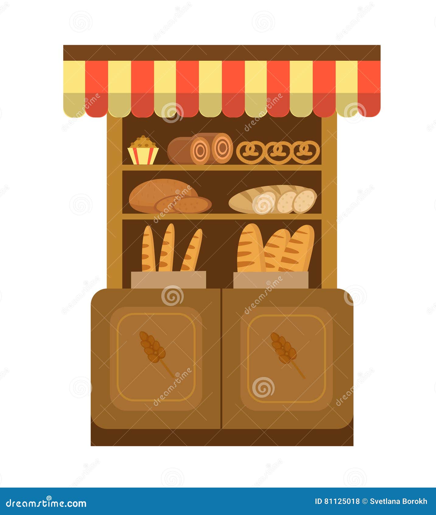 Bakery Shelf. Baking Showcases Icon. Bread On The , Flat Style. And