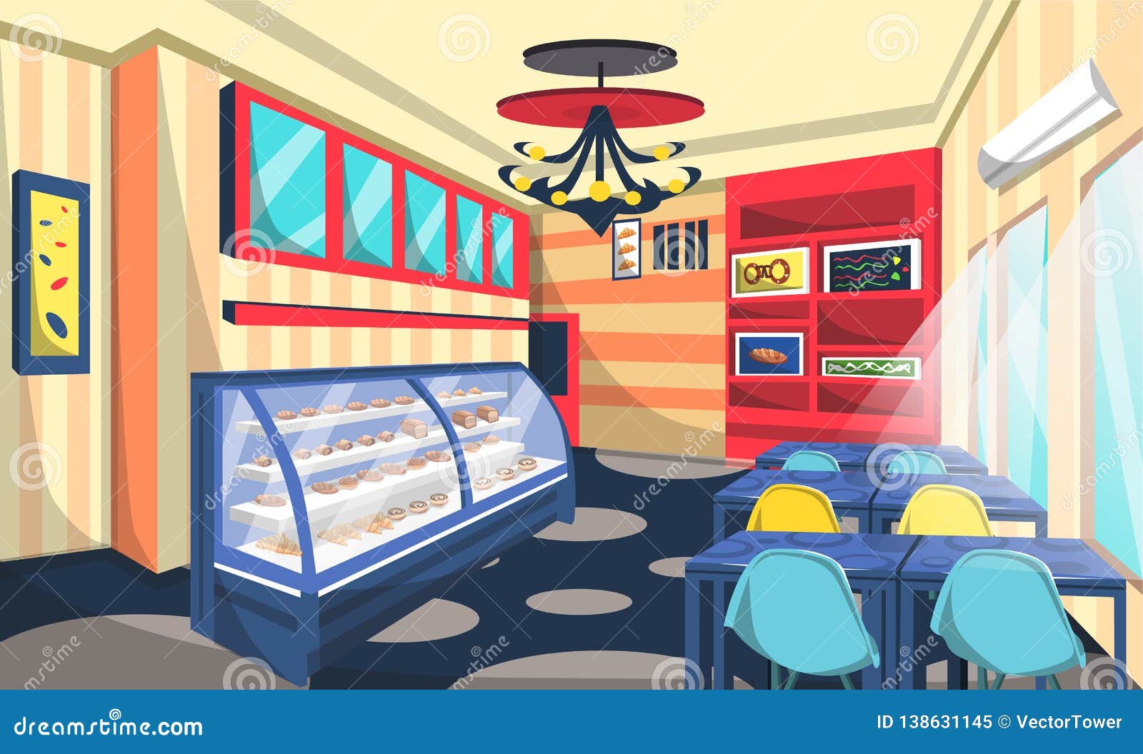 Bakery Shop Room with Cake on Etalase, Ceiling Lamps, Blue Table