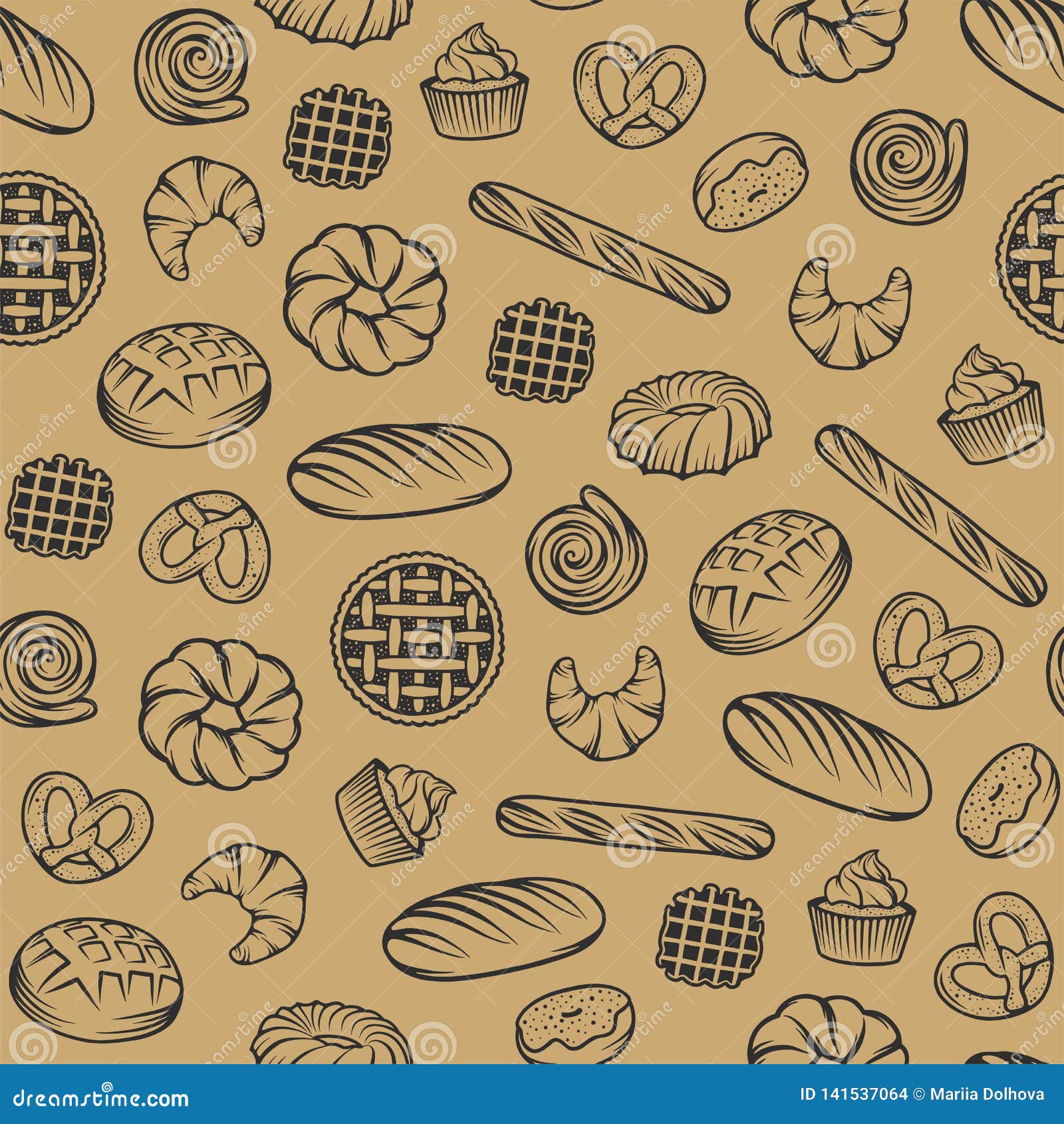 Bakery Vector Seamless Pattern with Engraved Elements. Background Design  with Bread, Pastry, Pie, Buns, Sweets, Cupcake Stock Vector - Illustration  of buns, background: 141537064