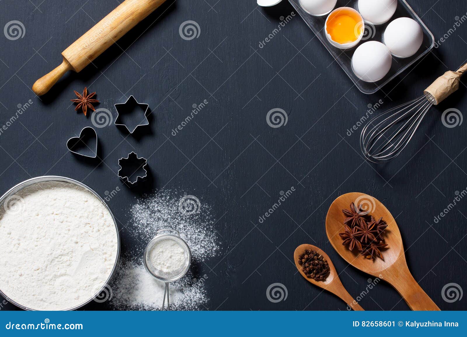 Baking Background with Eggs, Floor and Kitchen Tools Stock Image ...