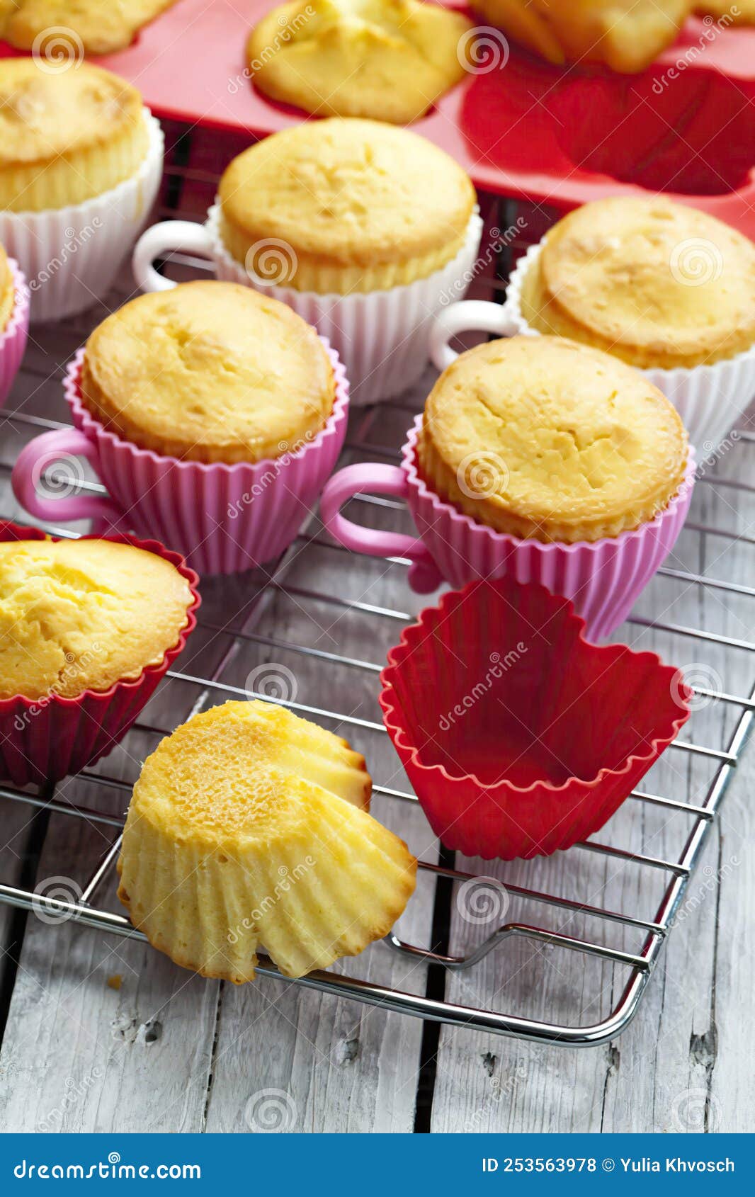 Baking Dishes Formed Like Cups with Baked Cupcakes on Cooling Grid