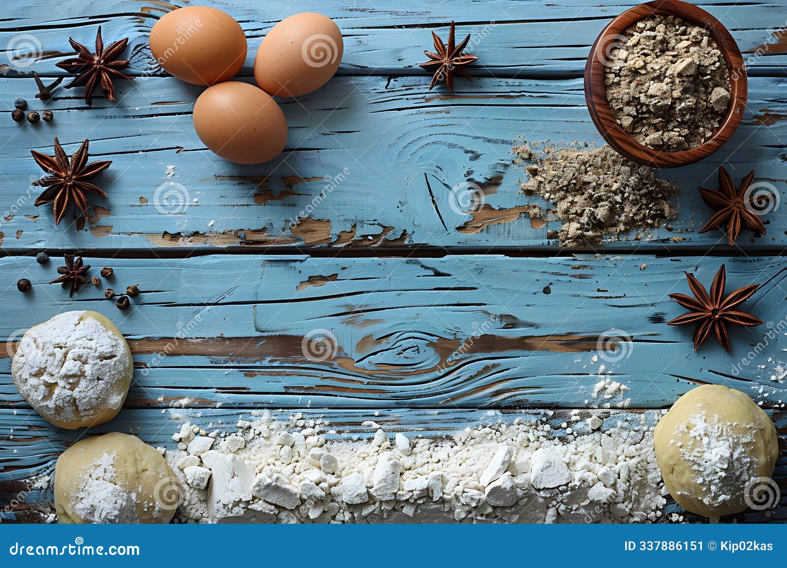 baking ingredients on rustic wooden table: eggs, star anise, flour, and dough for culinary creations generative ai