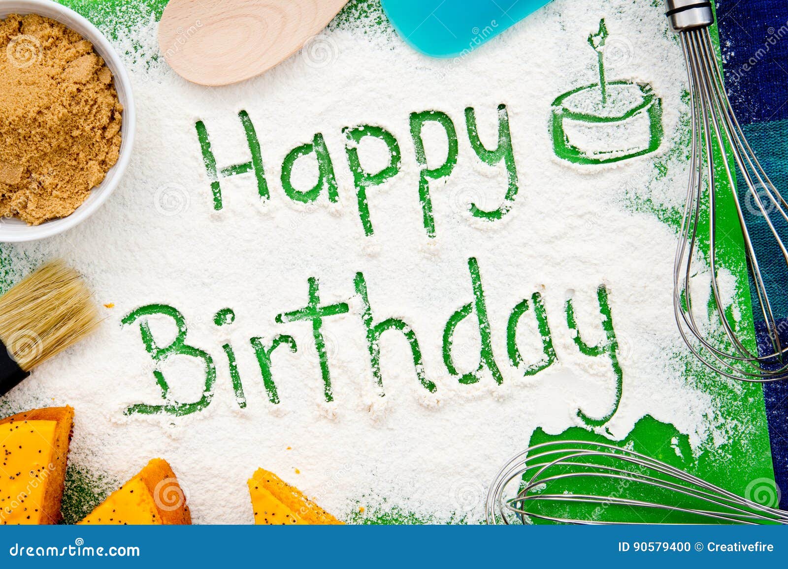 Baking Happy Birthday with Cake Stock Photo Image of white, flour