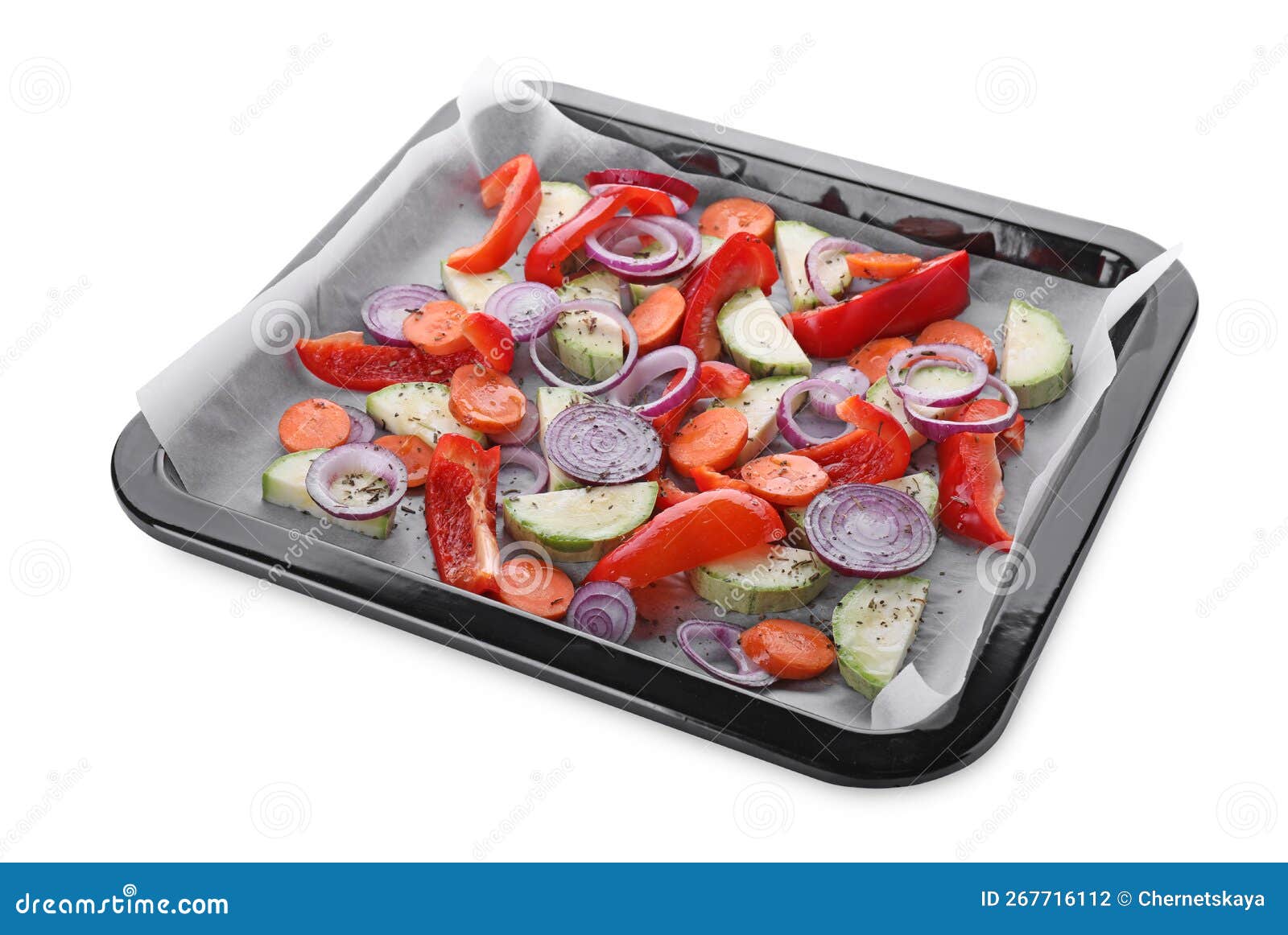 Baking Pan with Parchment Paper and Raw Vegetables Isolated on White Stock Photo Image of
