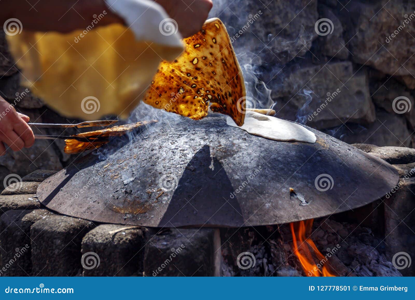 Baking Pita Breads on a Metal Plate Stock Image Image of firewood