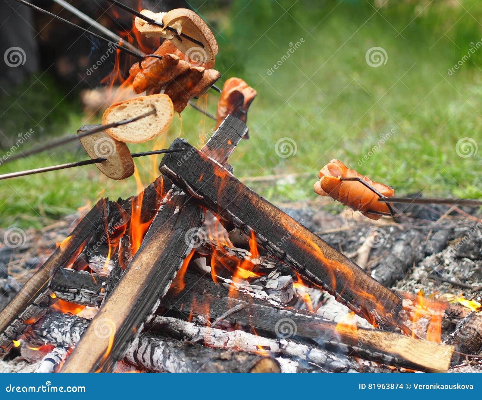 Baking Sausages on the Campfire. Stock Photo - Image of seasonal ...