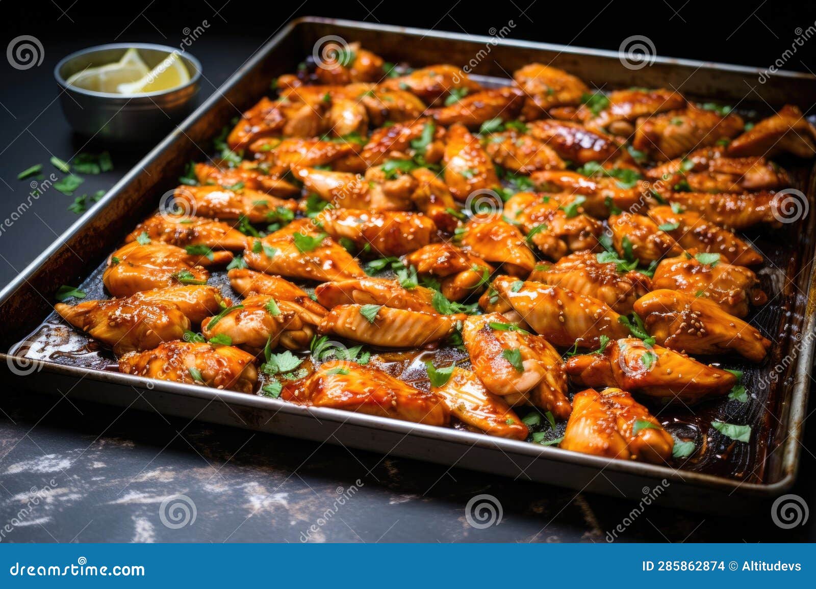 Baking Sheet with Marinated Buffalo Wings Ready for Oven Stock Photo