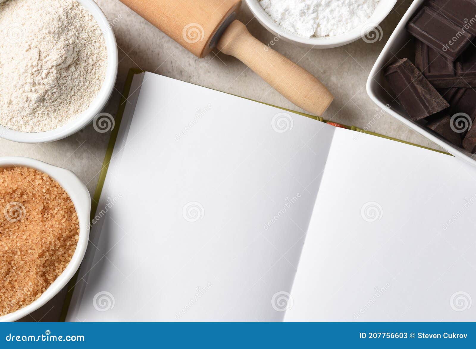 Baking Still Life. Blank Pages of an Open Recipe Book Surrounded by a ...