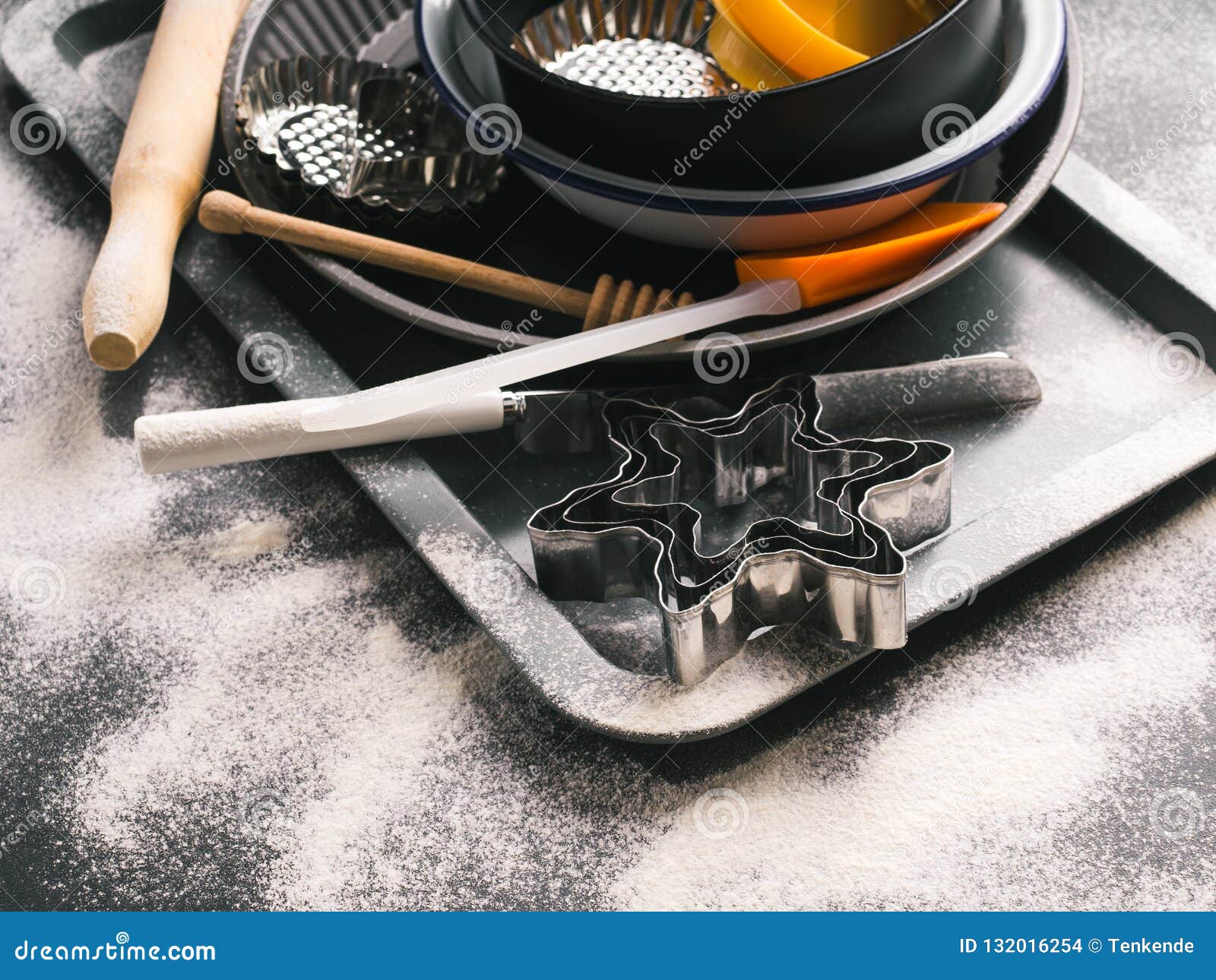 Baking Tools and Accessories. Christmas Dark Background Stock Photo