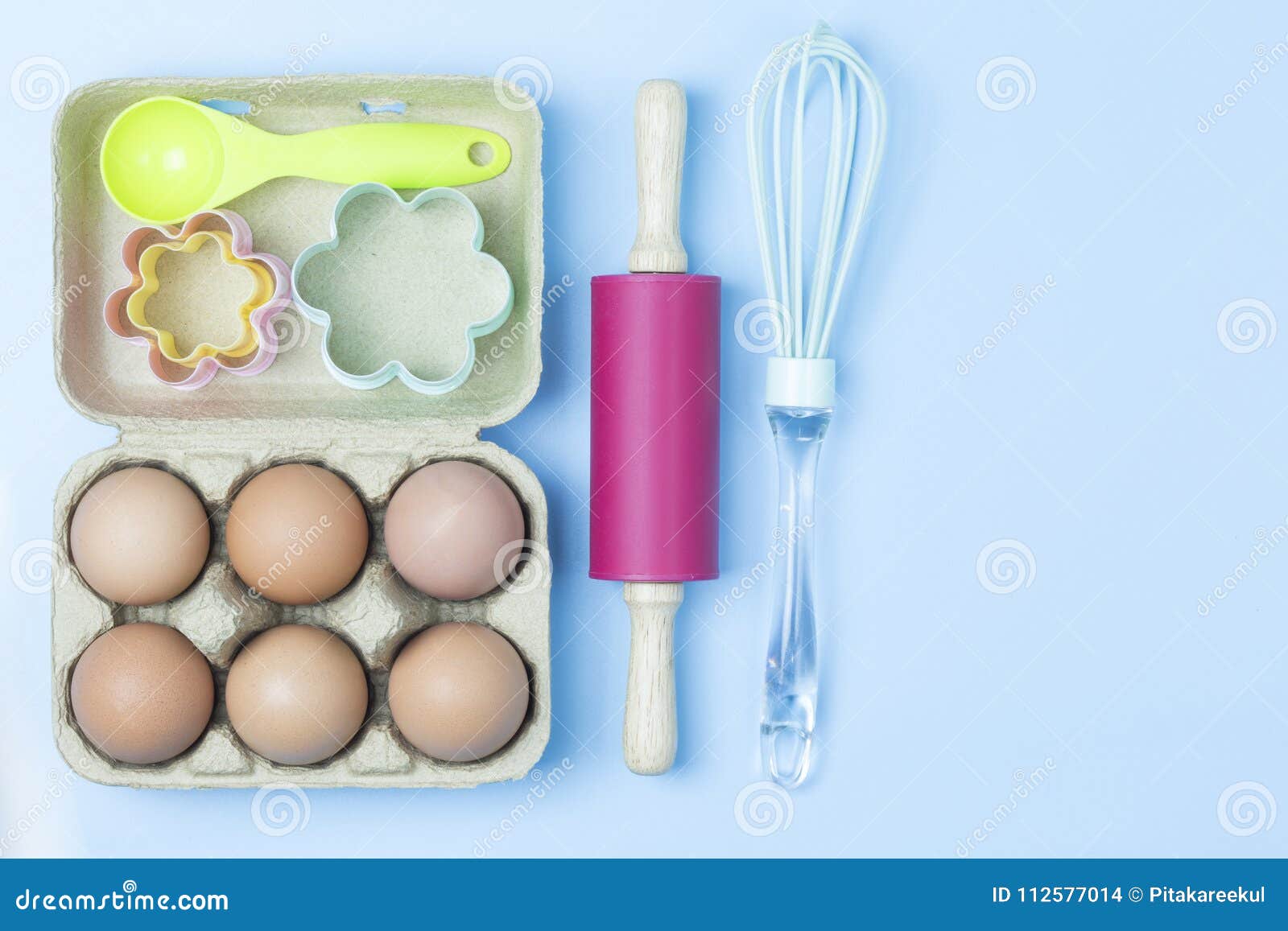 Baking Utensils Tool Pastel Style on Blue Background Topview Fla Stock