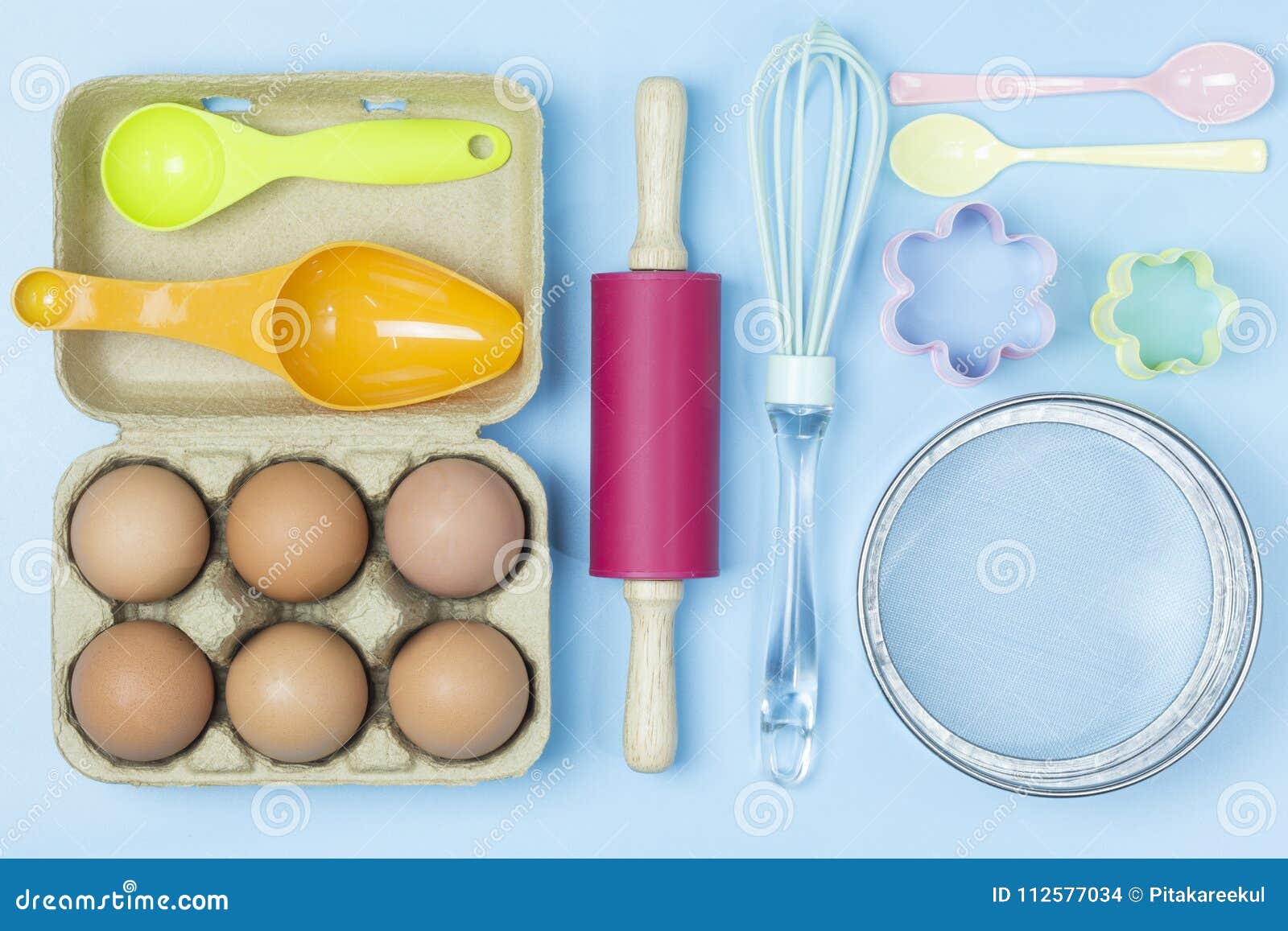 Baking Utensils Tool Pastel Style on Blue Background Topview Fla Stock
