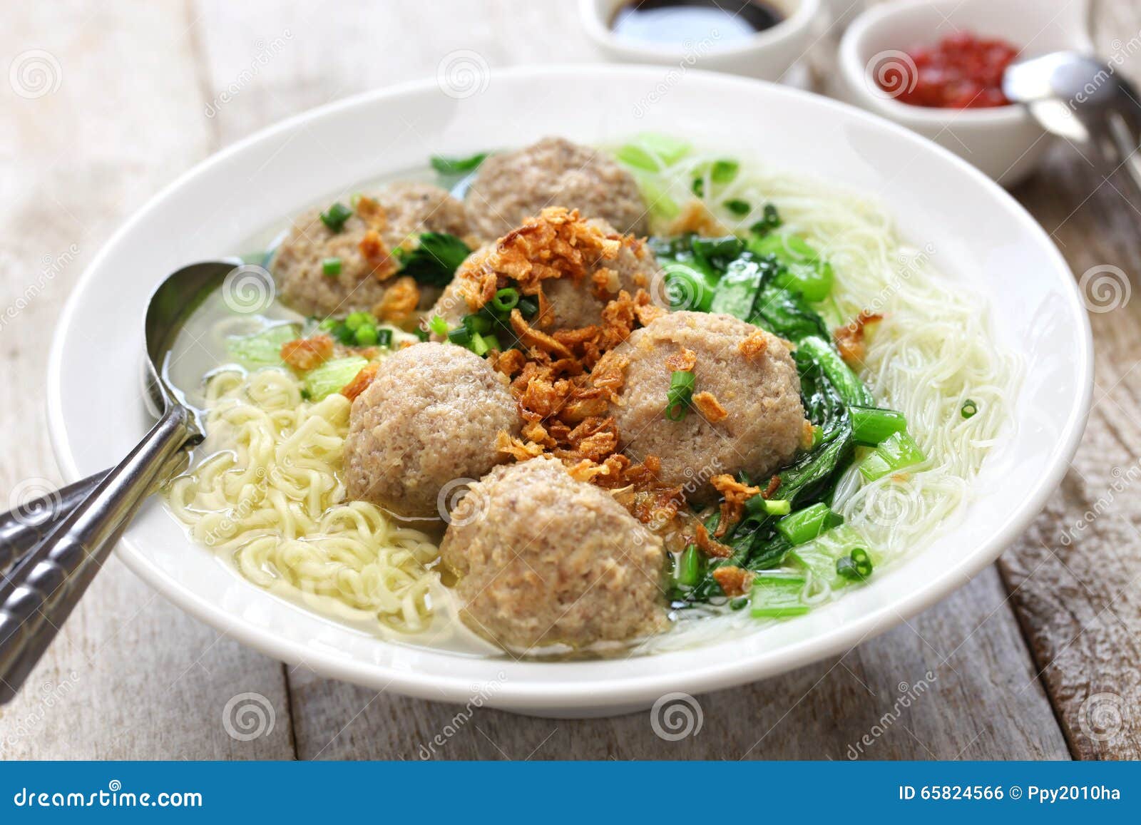 Bakso, Indonesian Meatball Soup With Noodles Stock Photo  Image: 65824566