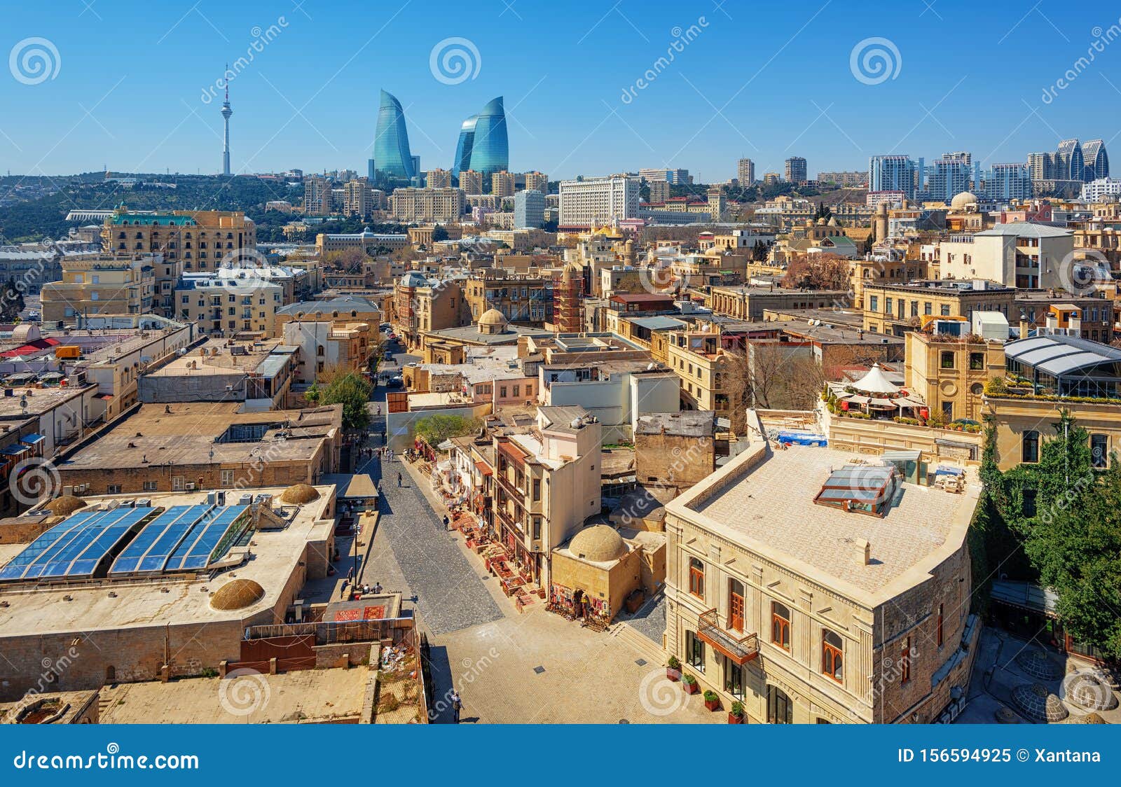 baku city, the old town and modern skyline, azerbaijan