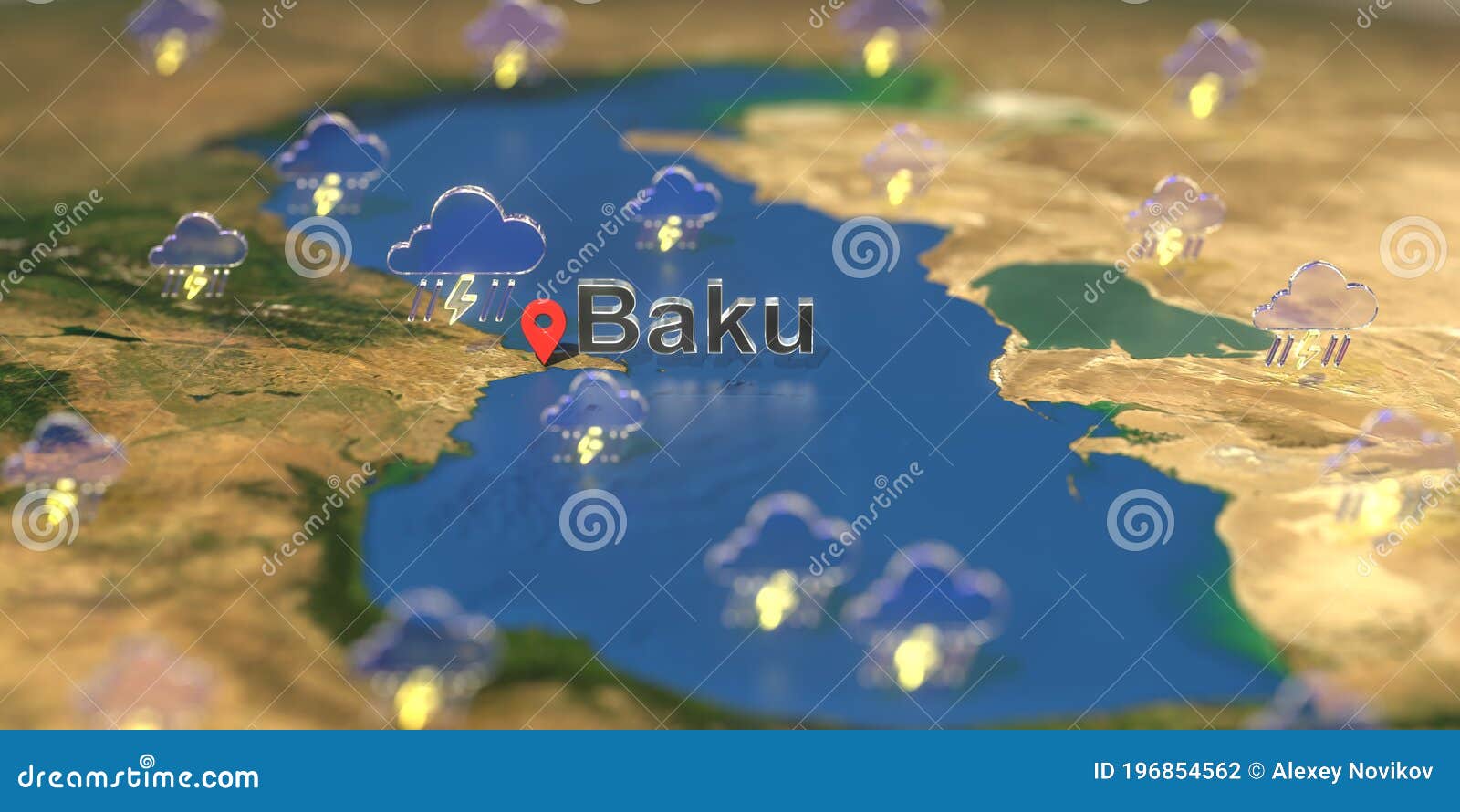 Baku City and Stormy Weather Icon on the Map, Weather Forecast Related