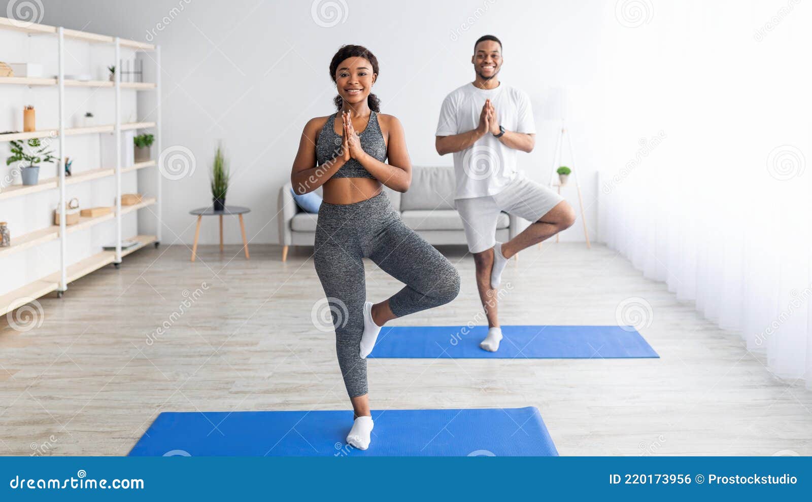 Balance Yoga Poses. Positive Black Couple Standing in Tree Asana on Sports  Mats, Having Morning Practice at Home Stock Photo - Image of girlfriend,  female: 220173956