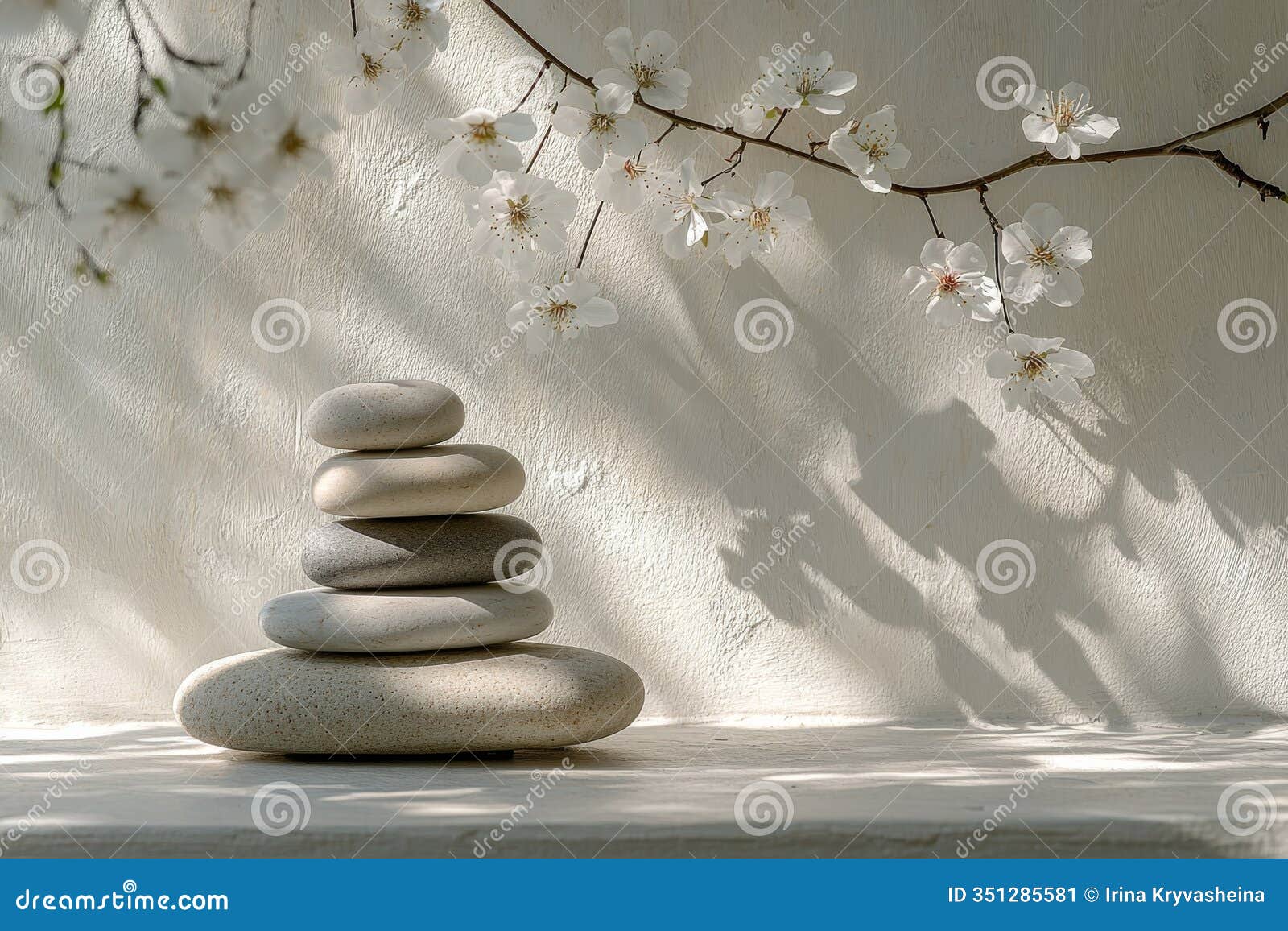 balanced stones and cherry blossoms in serene indoor setup