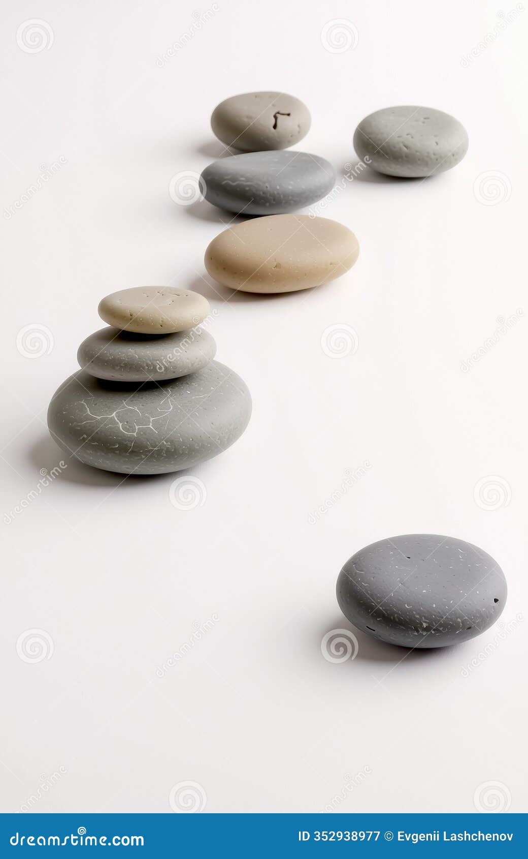 balanced zen stones on white surface arranged in a diagonal pattern. ai generation