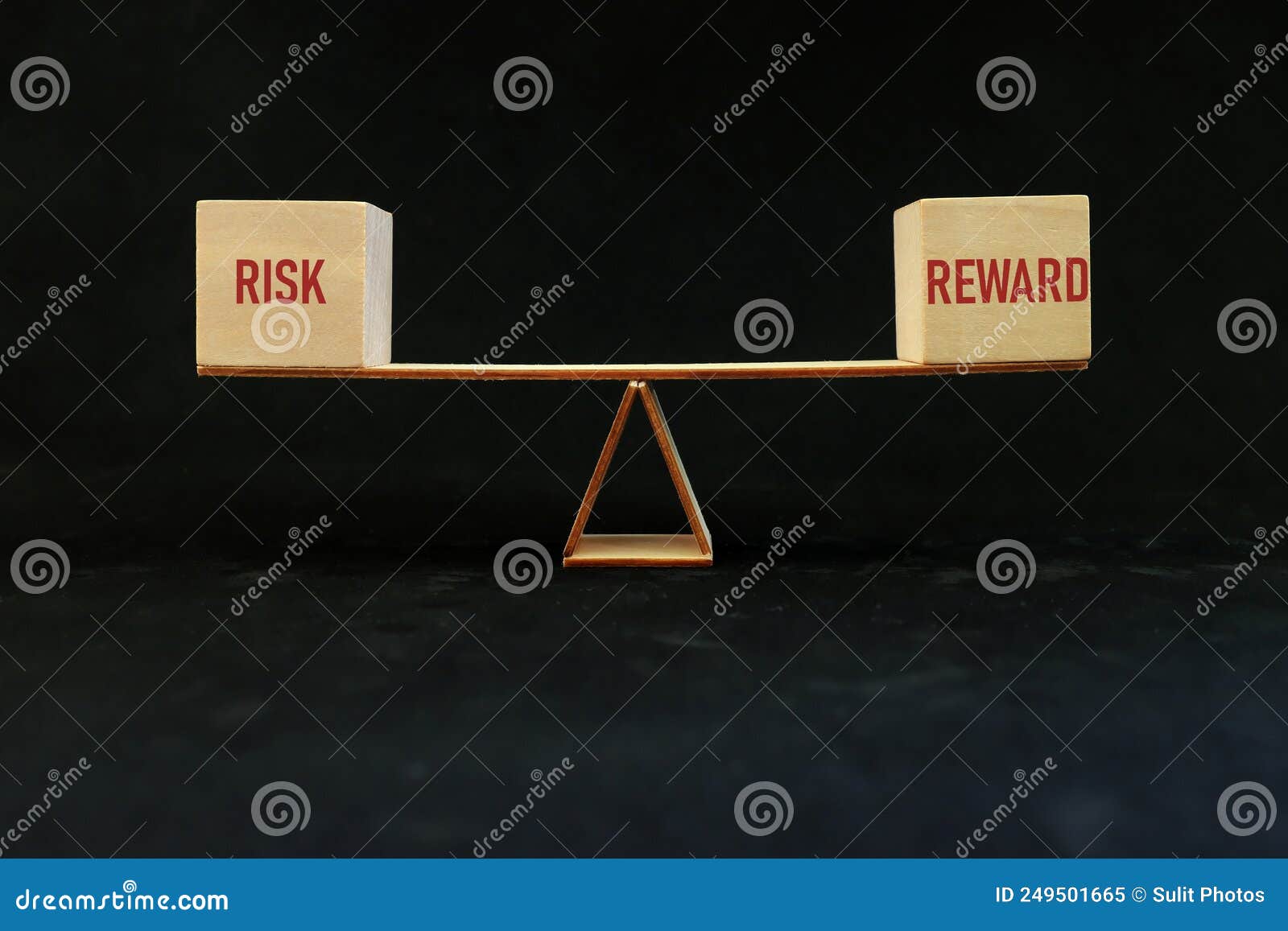 balancing risk and reward word on seesaw scale in dark black background. risk-reward ratio business concept.