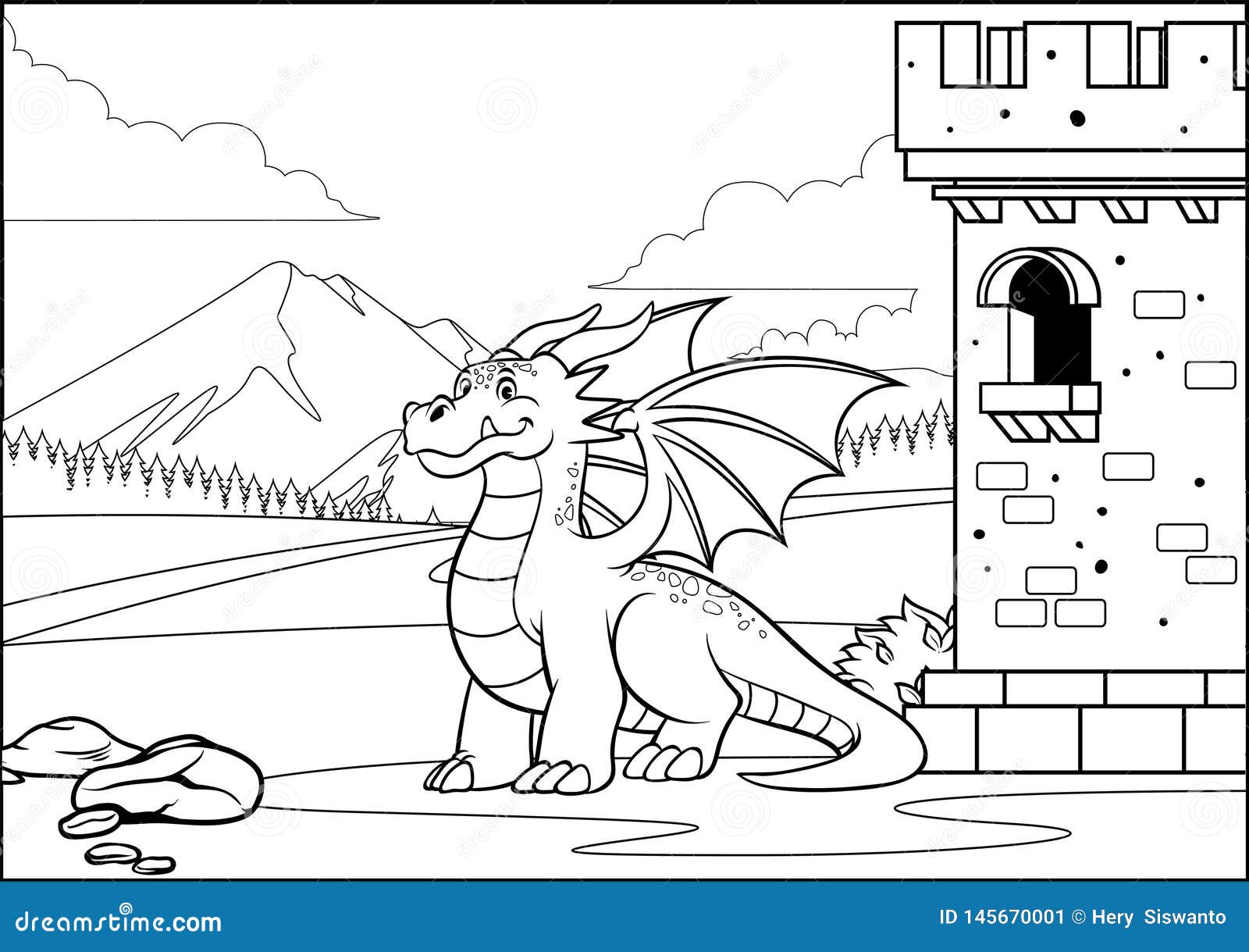 balck and white coloring page dragon in the castle with cartoon style