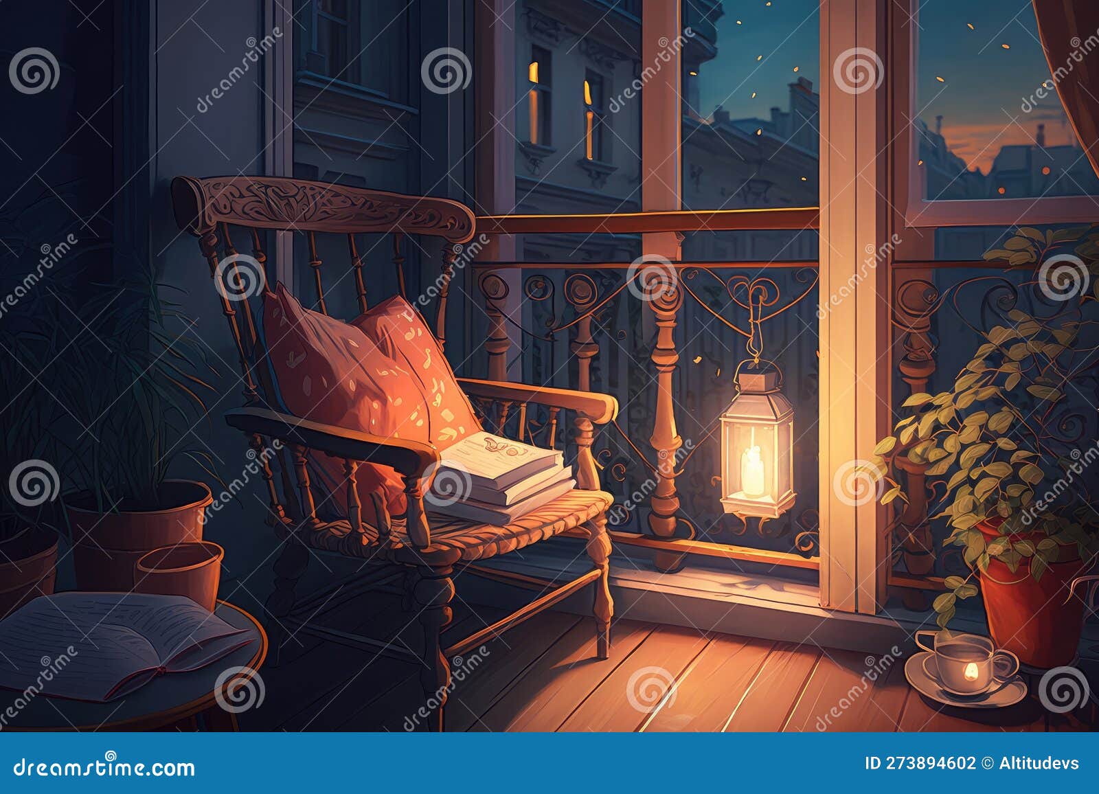 génératif ai, confortable balcon dans le soirée avec lanterne