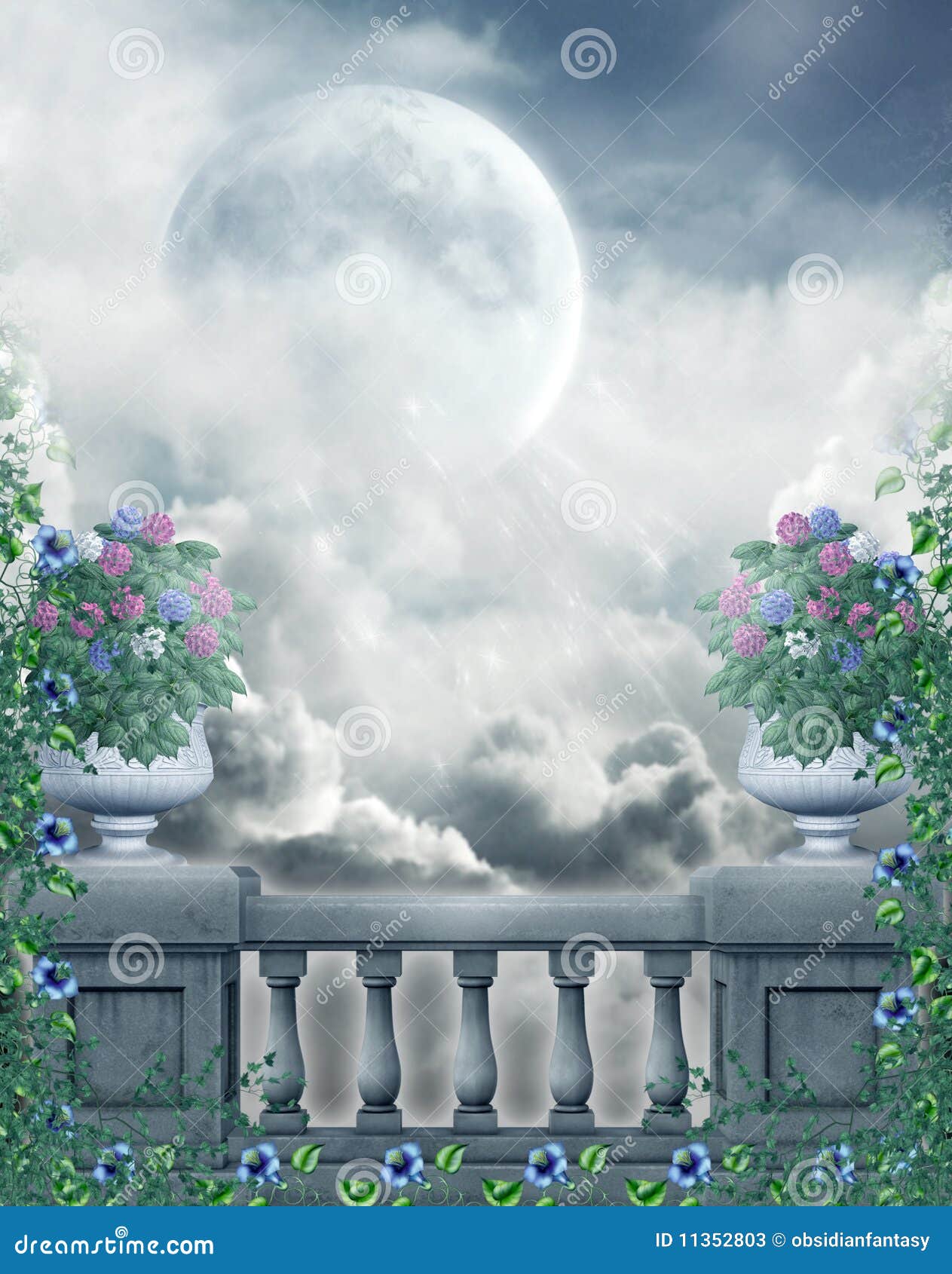 Balcone di fantasia con i fiori e la luna.