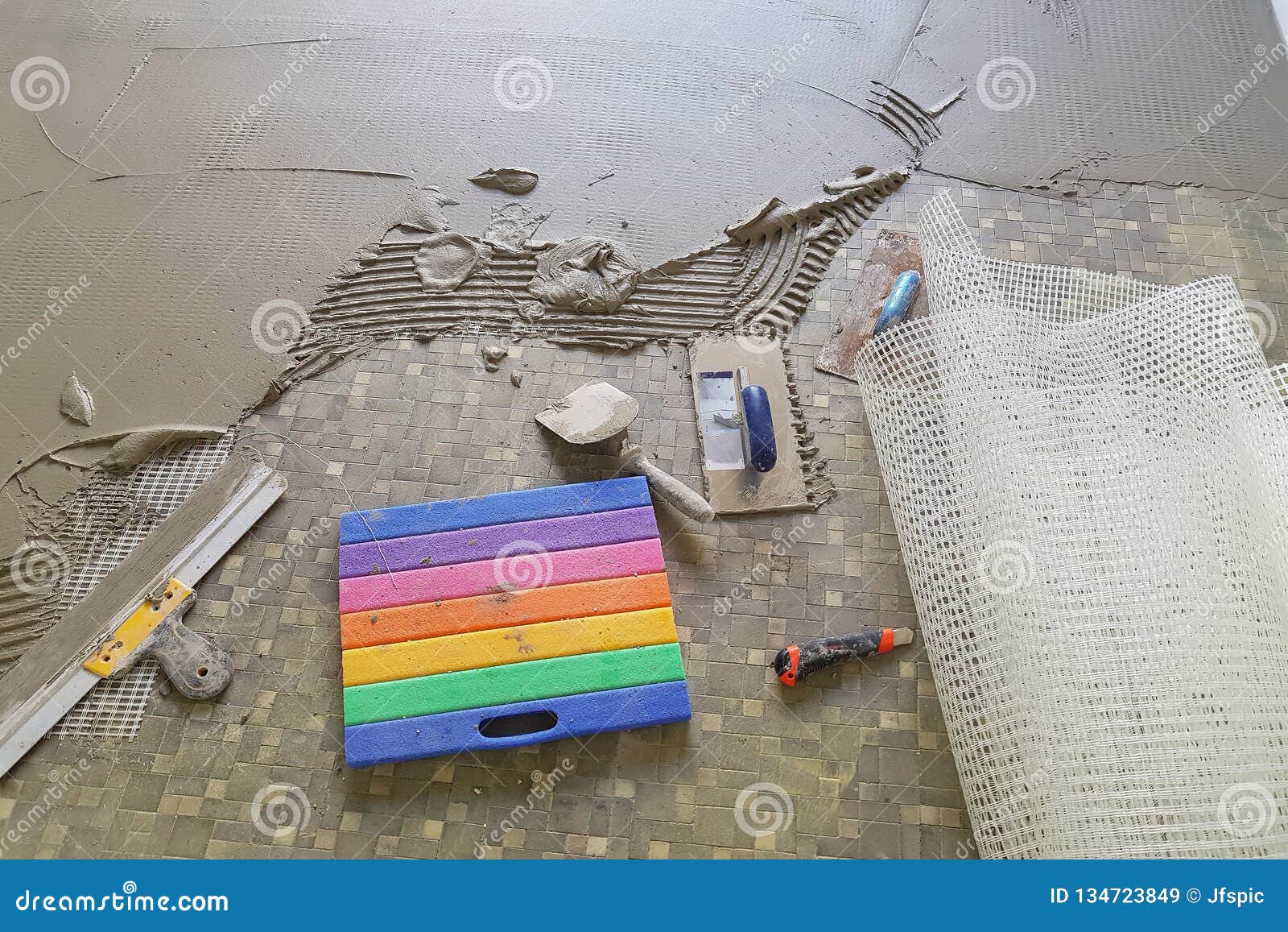 Balcony Floor Tiles Installation Stock Image Image Of Brush