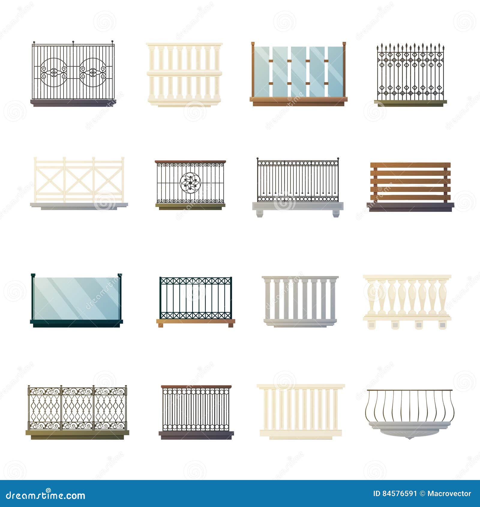 Balcony Railings Design Flat Icons Collection Stock Vector ...