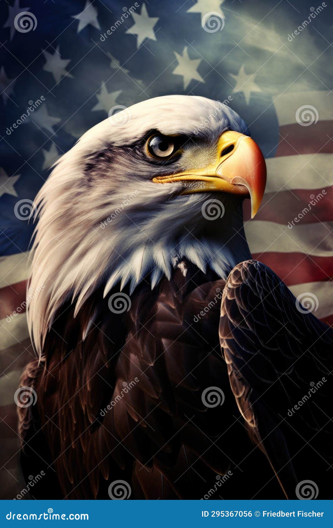 A Bald Eagle with an American Flag in the Background Stock Illustration -  Illustration of prey, freedom: 295367056, image size:1066x1690