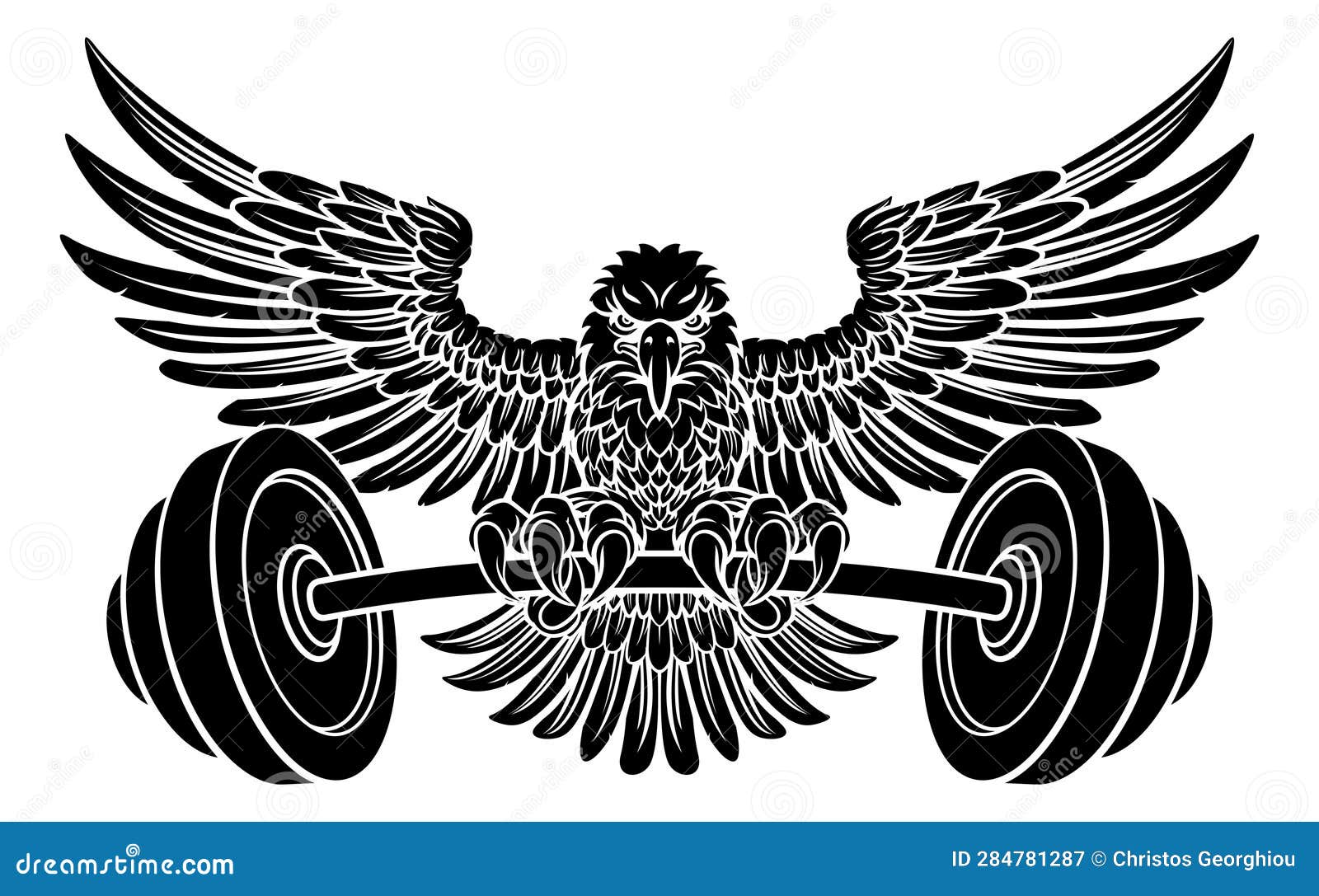 Bald Eagle Hawk Weight Lifting Mascot and Barbell Stock Illustration