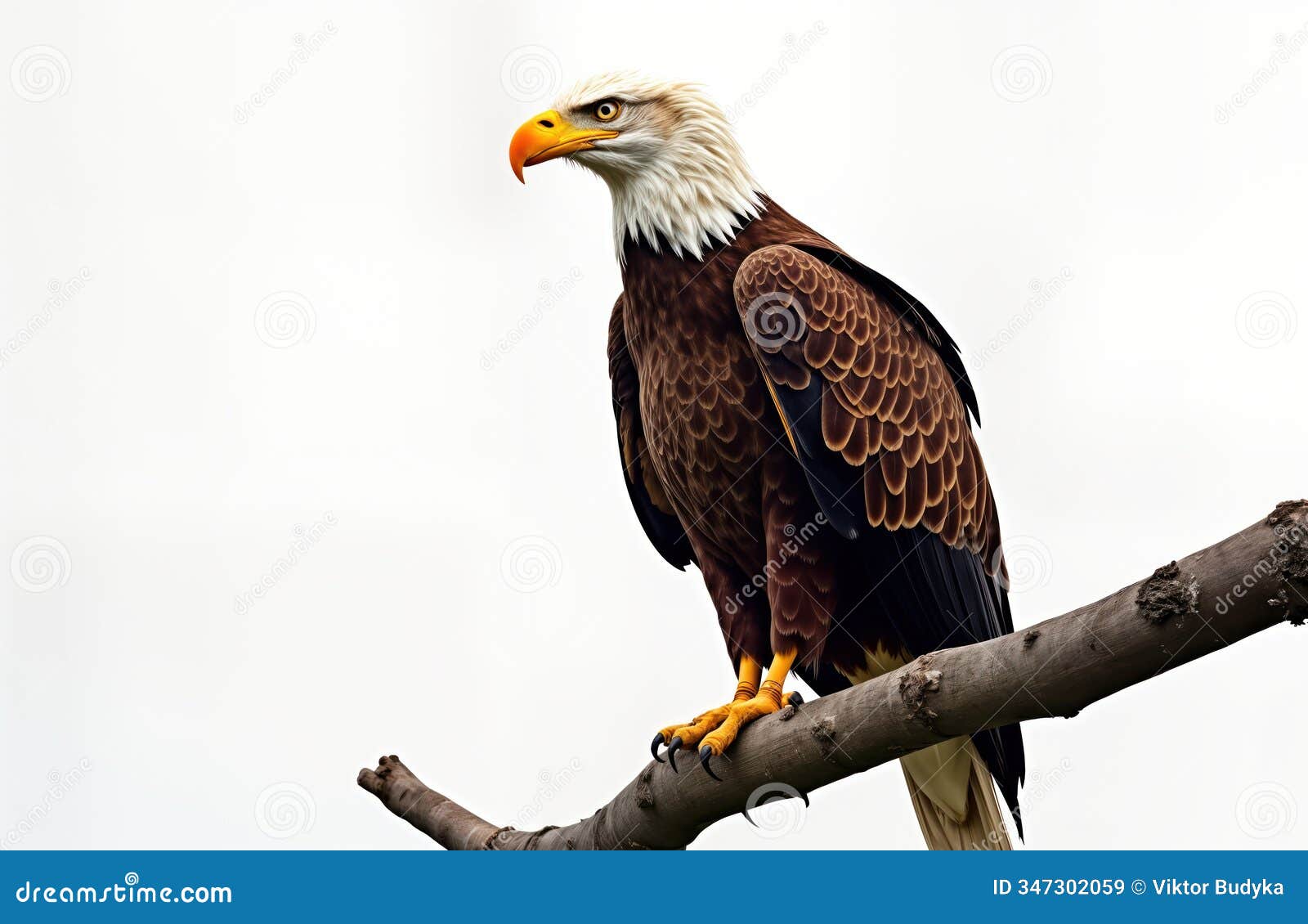 bald eagle perched on branch. majestic bird of prey. sharp beak. white head, brown body. wild nature portrait. american .
