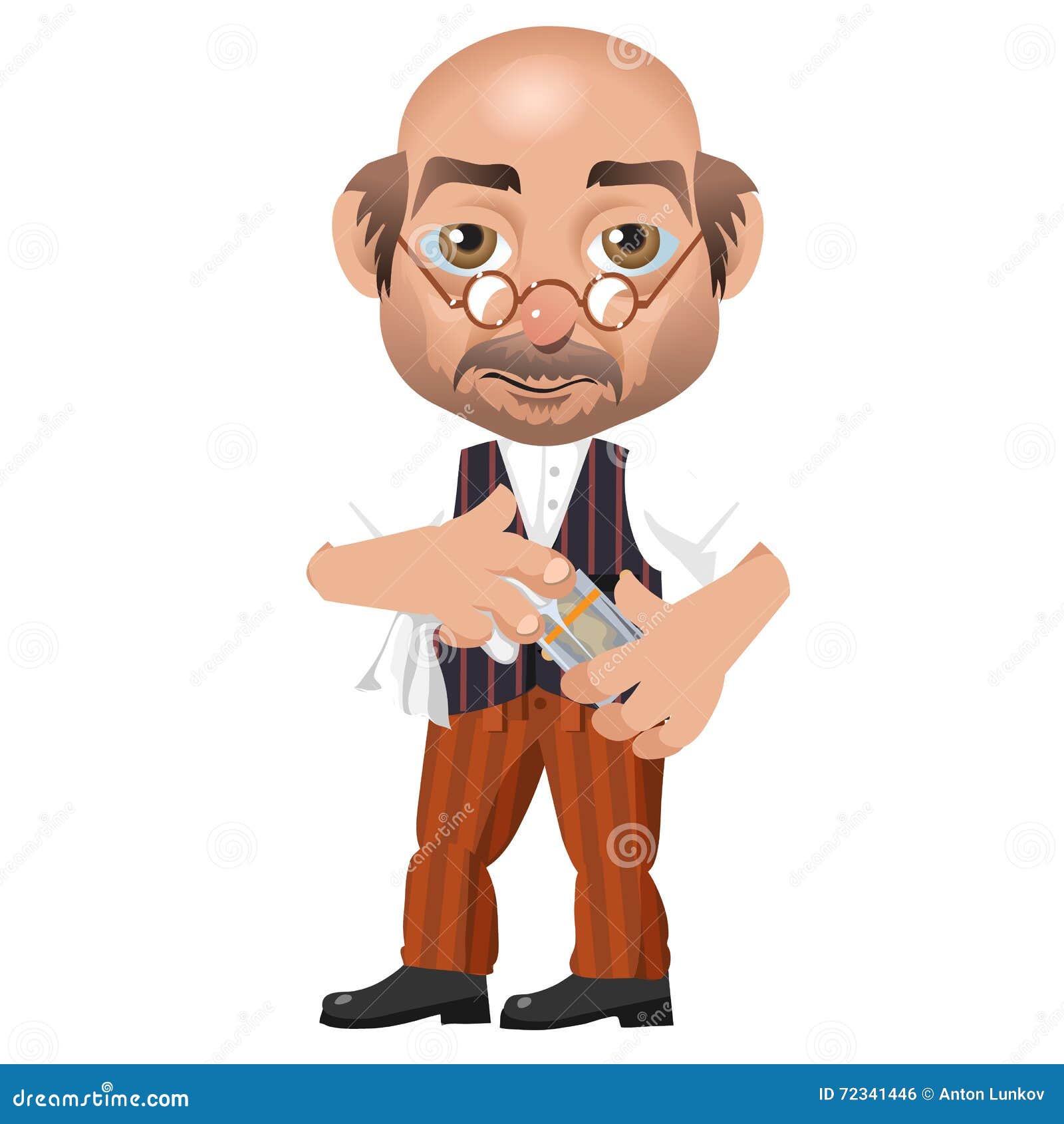 Bald Man with Glasses, Bartender in a Vintage Suit Stock Vector