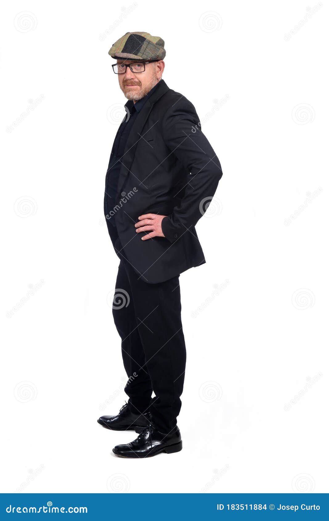 bald man with glasses and cap on white background,looking at camera